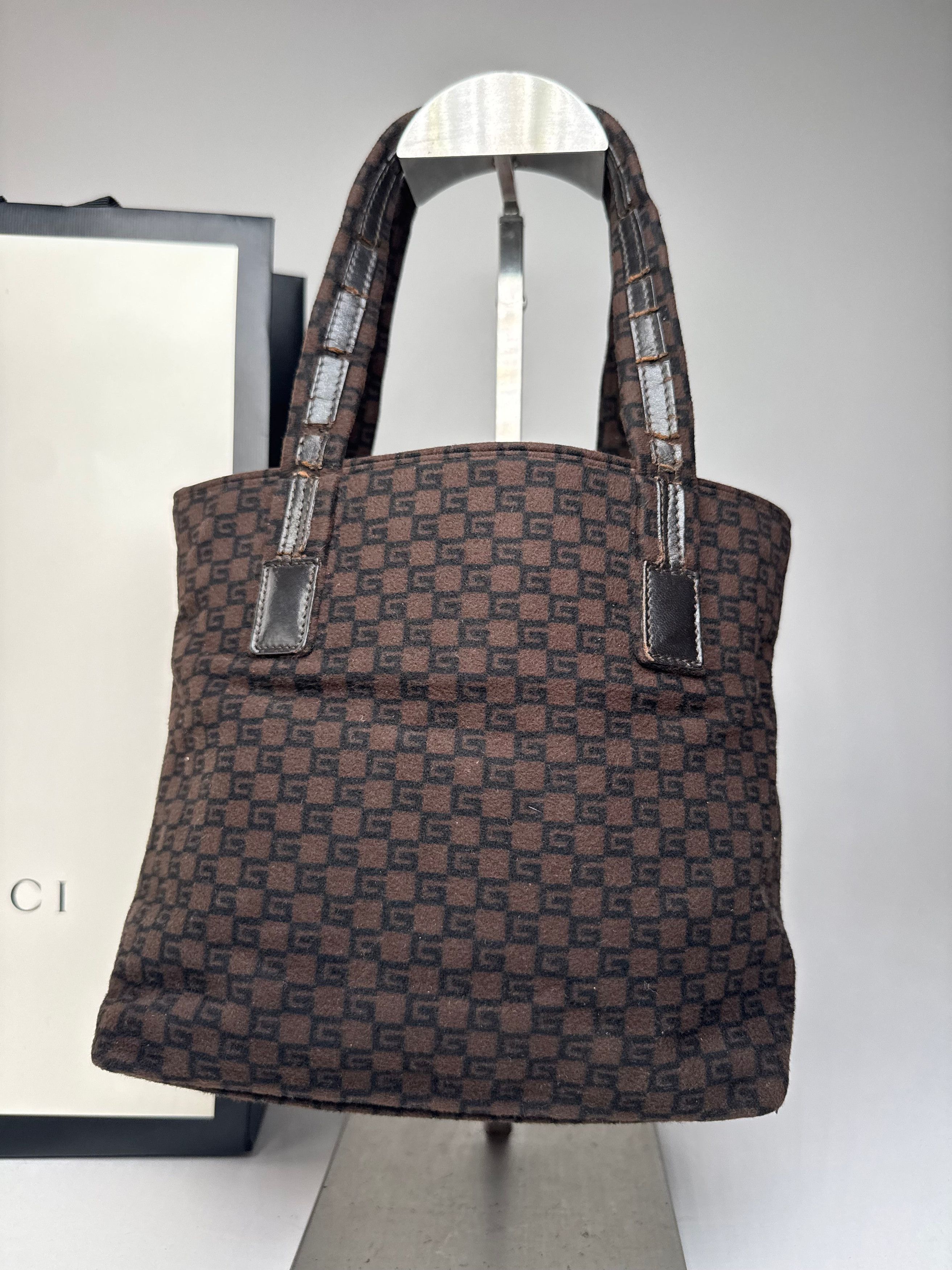 Gucci Vintage G Monogram Wool Leather Mini Tote Bag Brown Size ONE SIZE - 9 Thumbnail