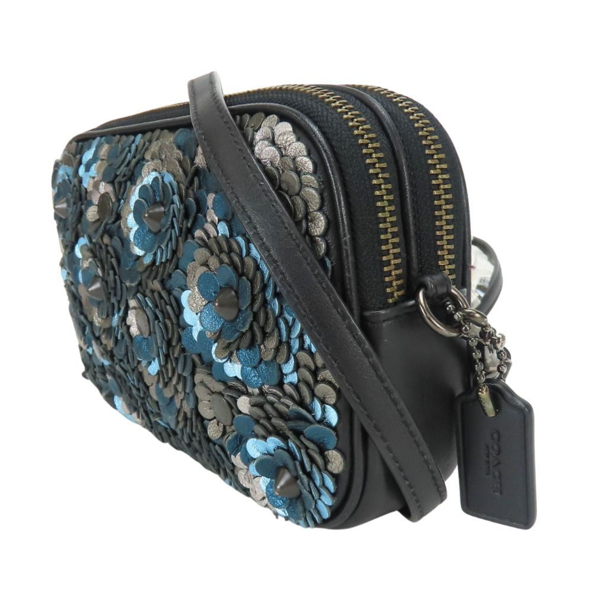 Coach Coach Shoulder Bag Pochette 31834 Leather Black Blue Silver Flower Motif Studs Women's COACH Size ONE SIZE - 3 Thumbnail