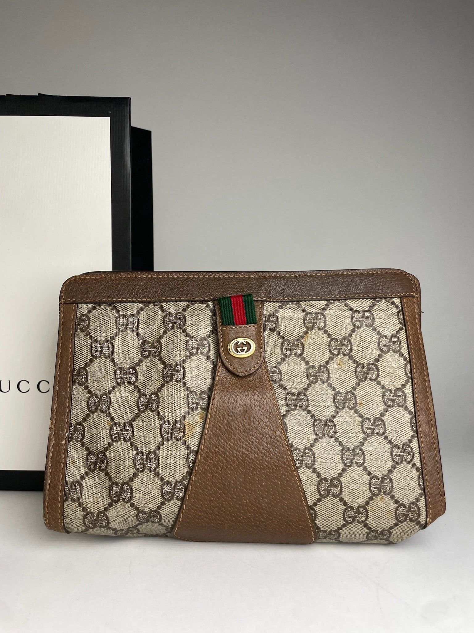 Gucci Vintage Ophidia Leather Clutch Grey Brown Size ONE SIZE - 7 Thumbnail