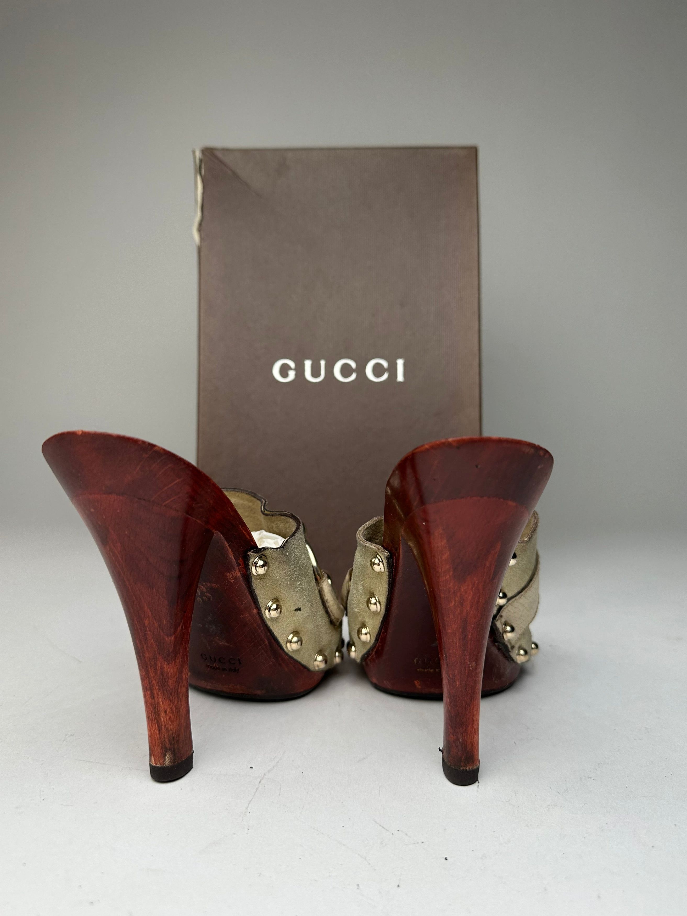 Gucci Vintage Suede Wood Horsebit Pumps Grey Brown EU35 Size US 4 / IT 34 - 4 Thumbnail