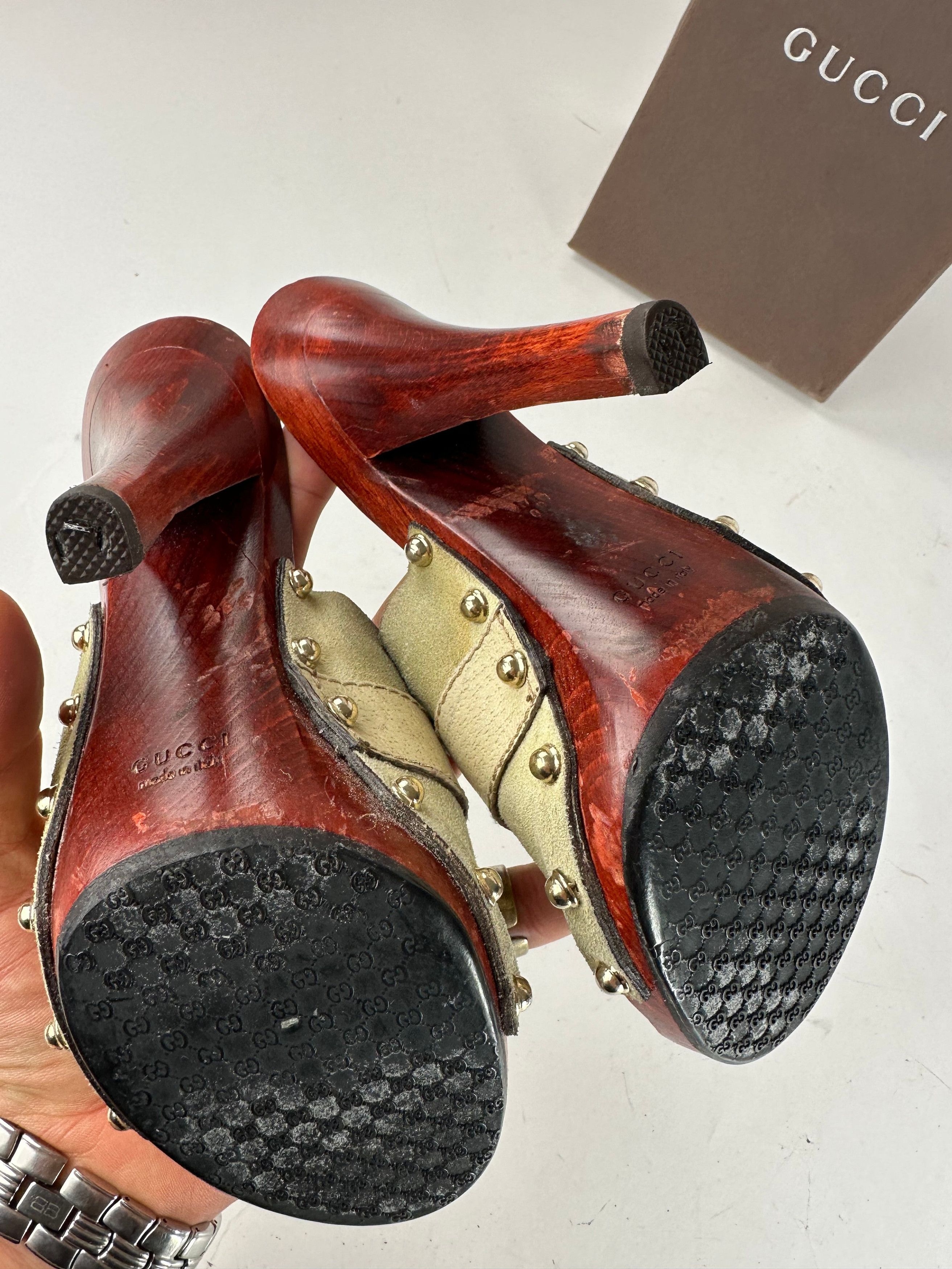 Gucci Vintage Suede Wood Horsebit Pumps Grey Brown EU35 Size US 4 / IT 34 - 6 Thumbnail