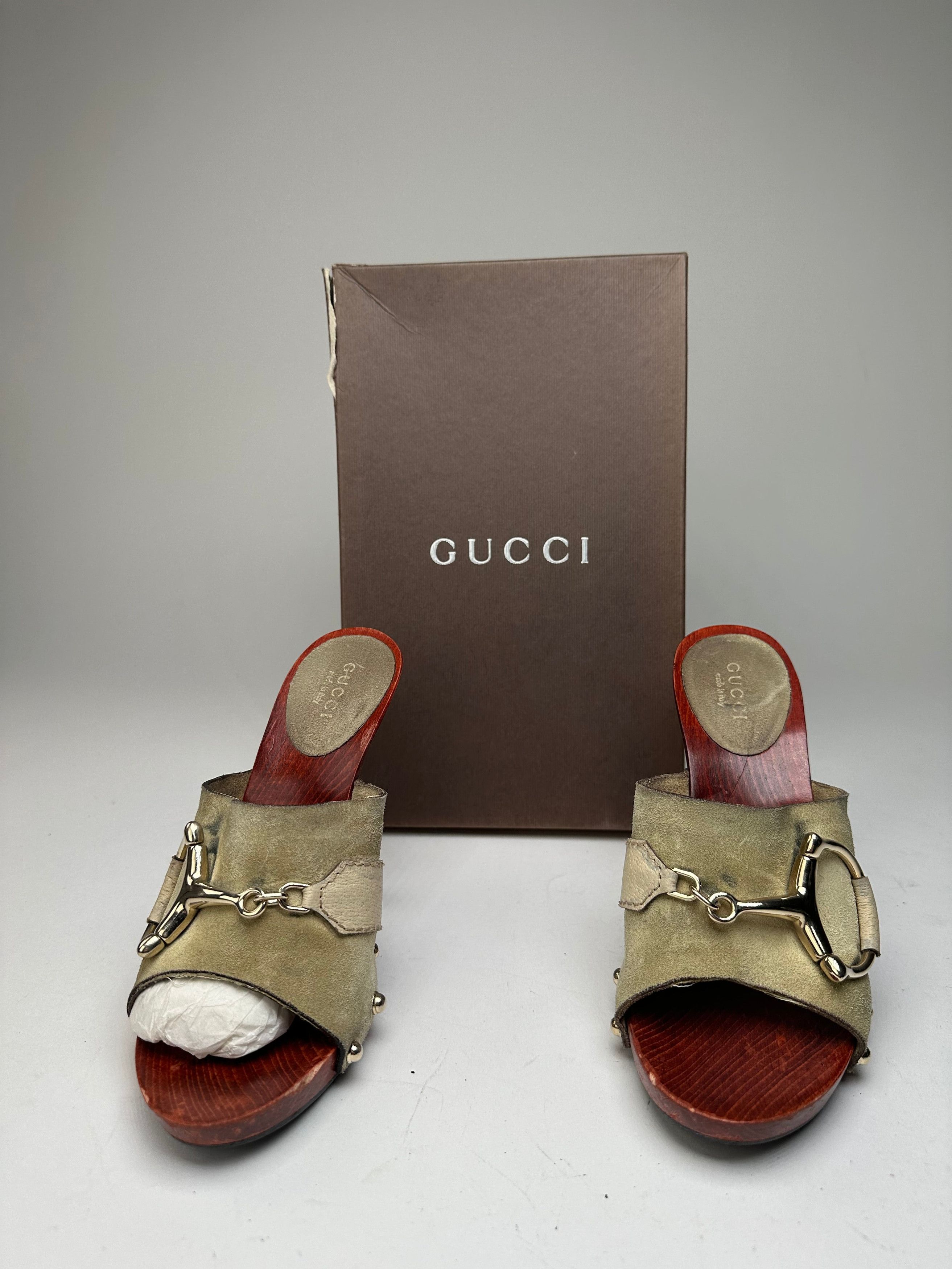 Gucci Vintage Suede Wood Horsebit Pumps Grey Brown EU35 Size US 4 / IT 34 - 7 Thumbnail