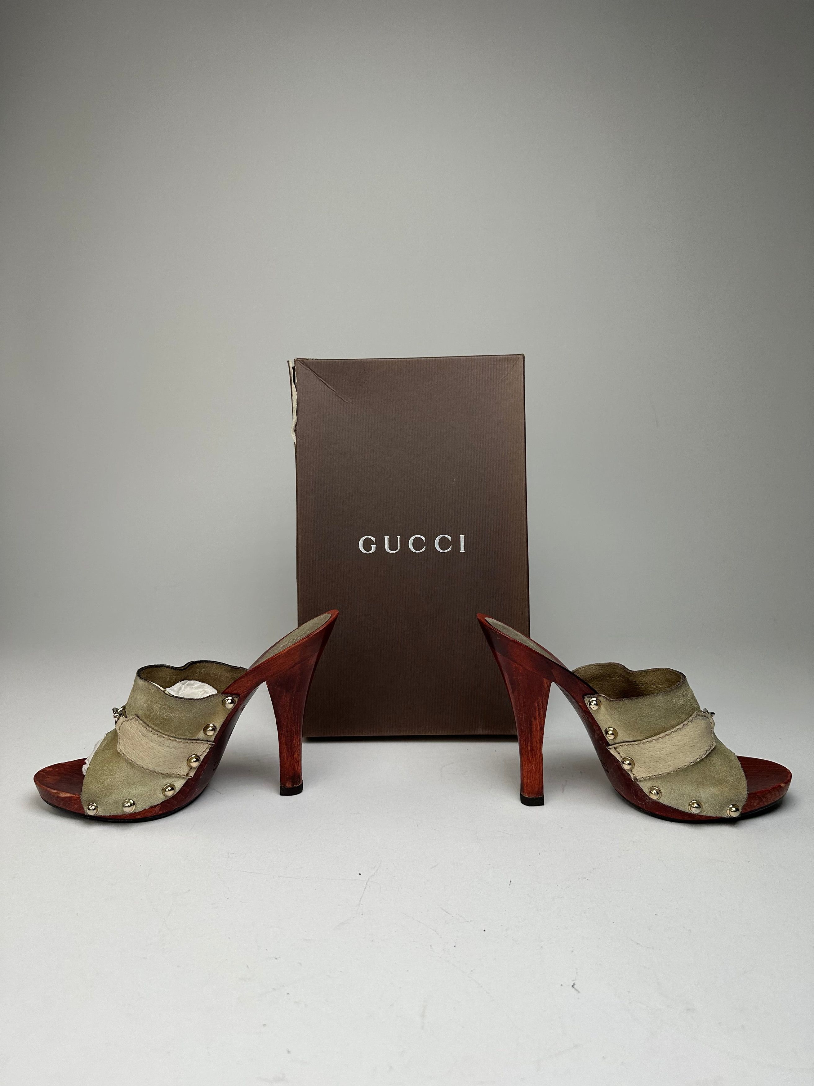 Gucci Vintage Suede Wood Horsebit Pumps Grey Brown EU35 Size US 4 / IT 34 - 3 Thumbnail