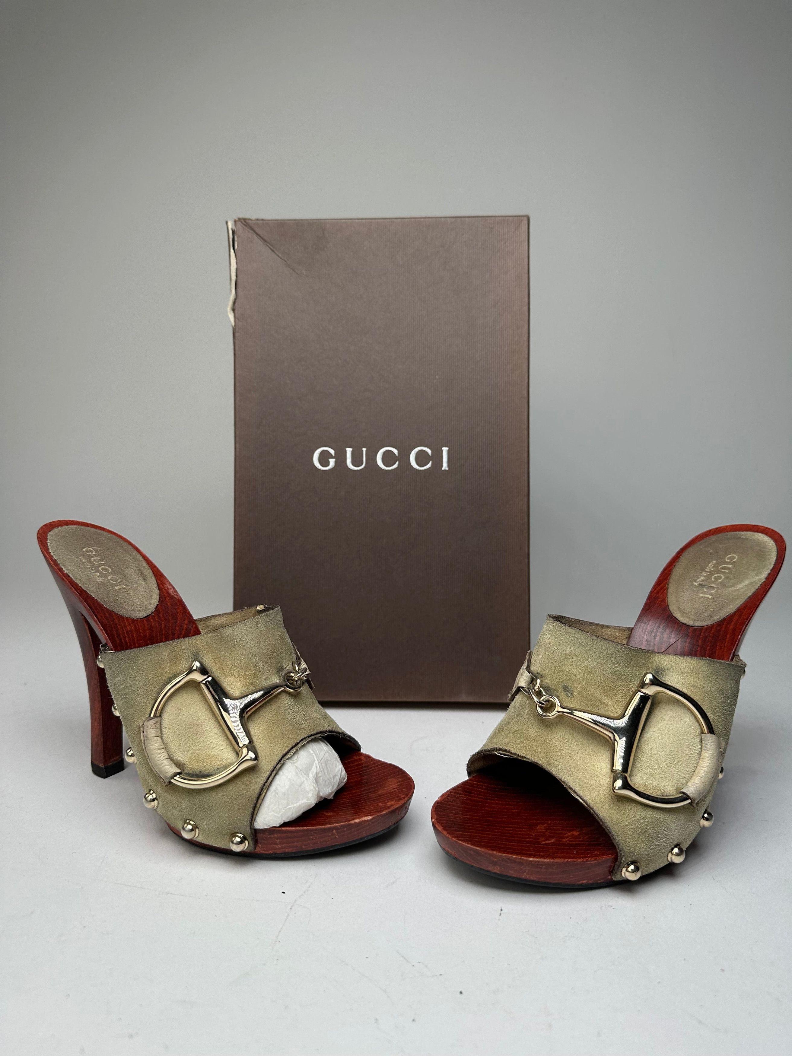 Gucci Vintage Suede Wood Horsebit Pumps Grey Brown EU35 Size US 4 / IT 34 - 9 Thumbnail