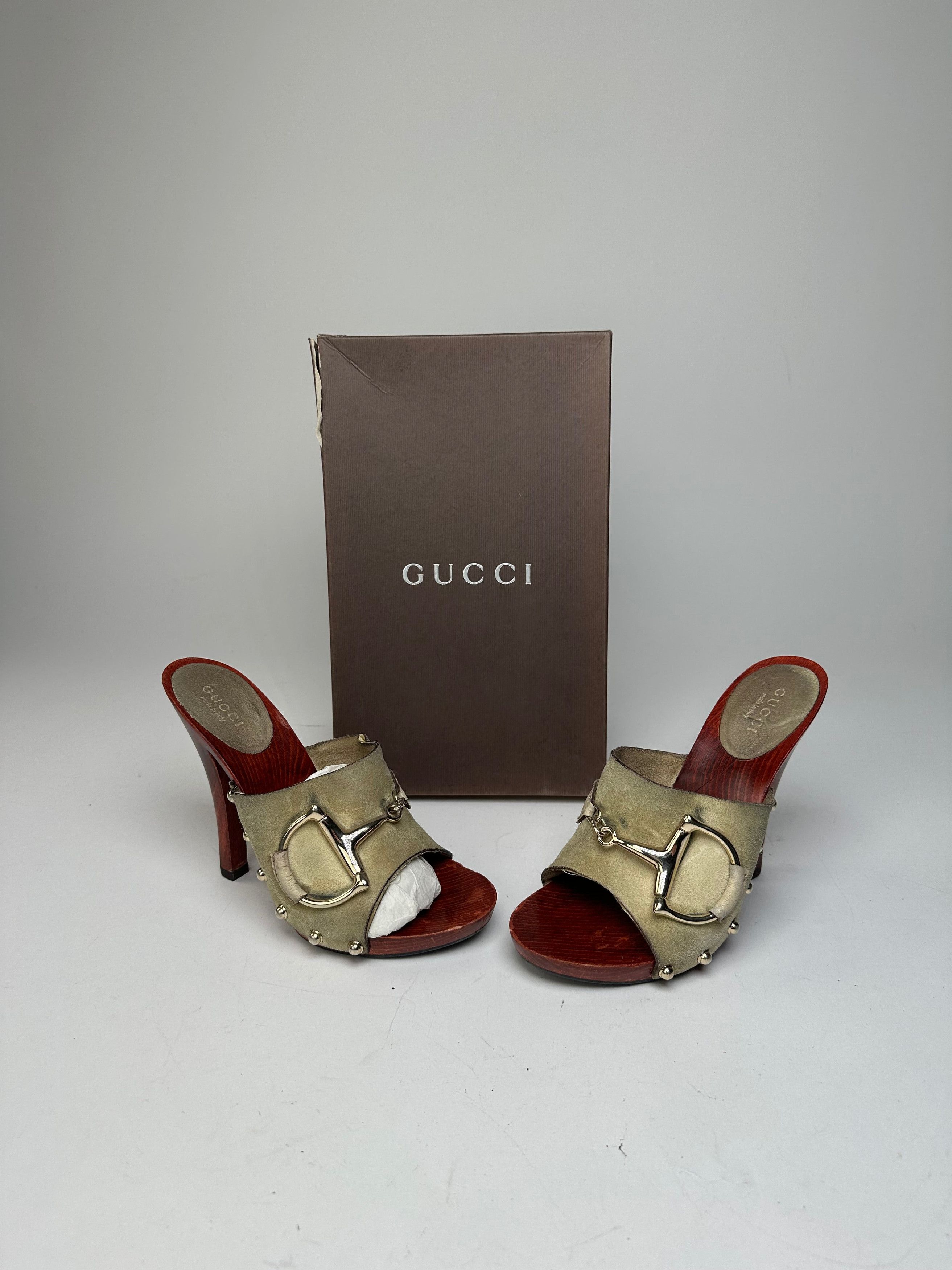 Gucci Vintage Suede Wood Horsebit Pumps Grey Brown EU35 Size US 4 / IT 34 - 2 Thumbnail