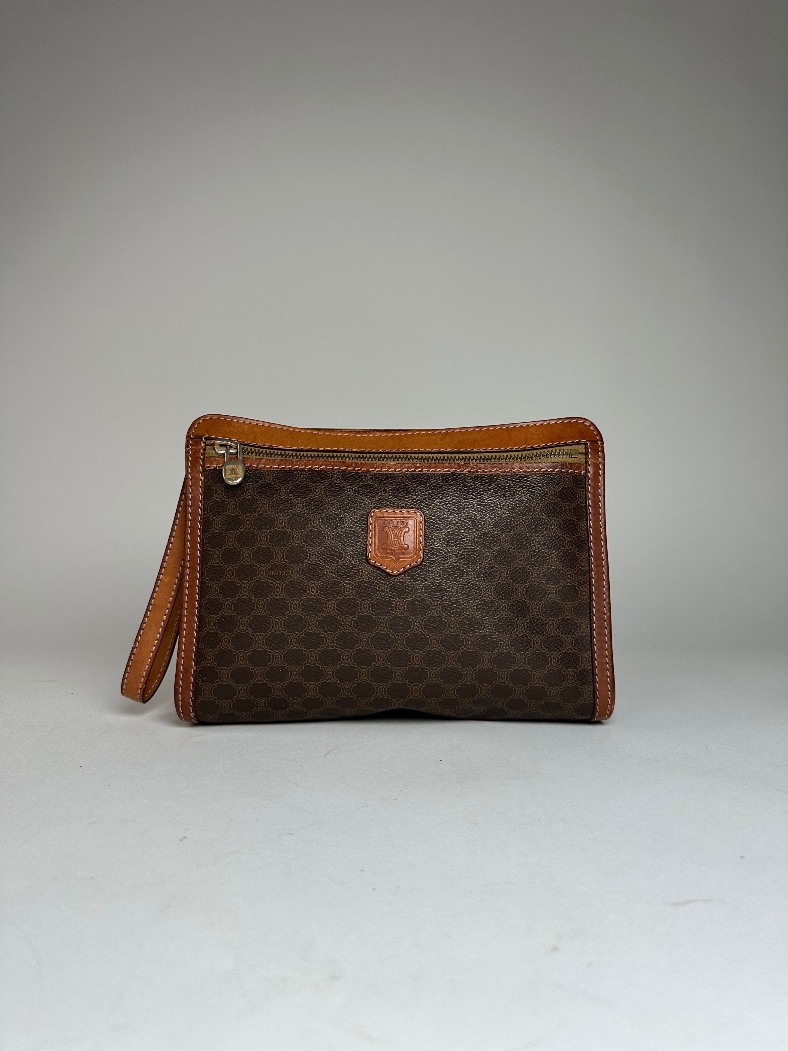 Celine Vintage Paris Triomphe Monogram Leather Clutch Brown Size ONE SIZE - 8 Thumbnail