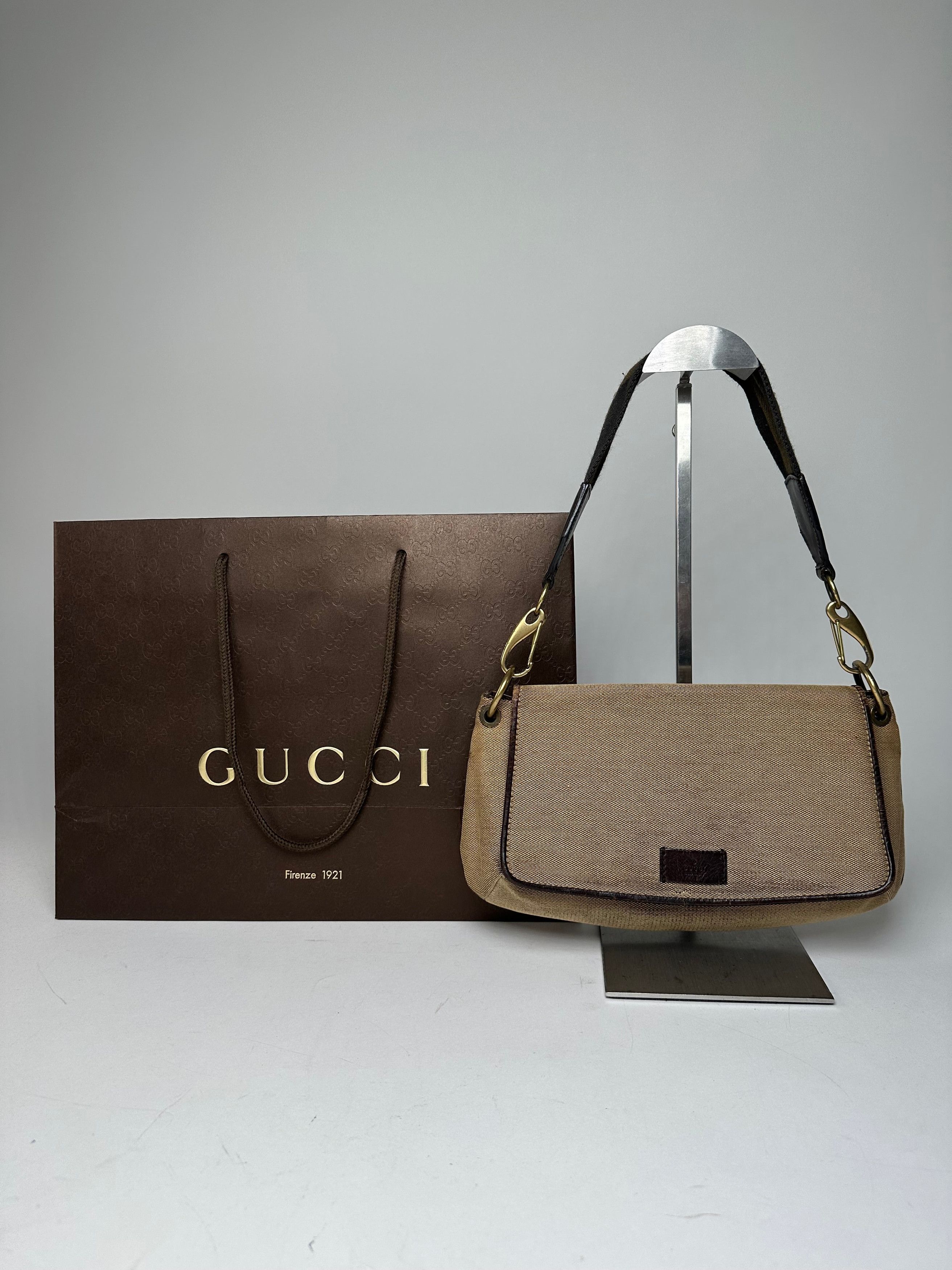 Gucci Vintage Cotton Leather Handbag Beige Brown Size ONE SIZE - 13 Thumbnail