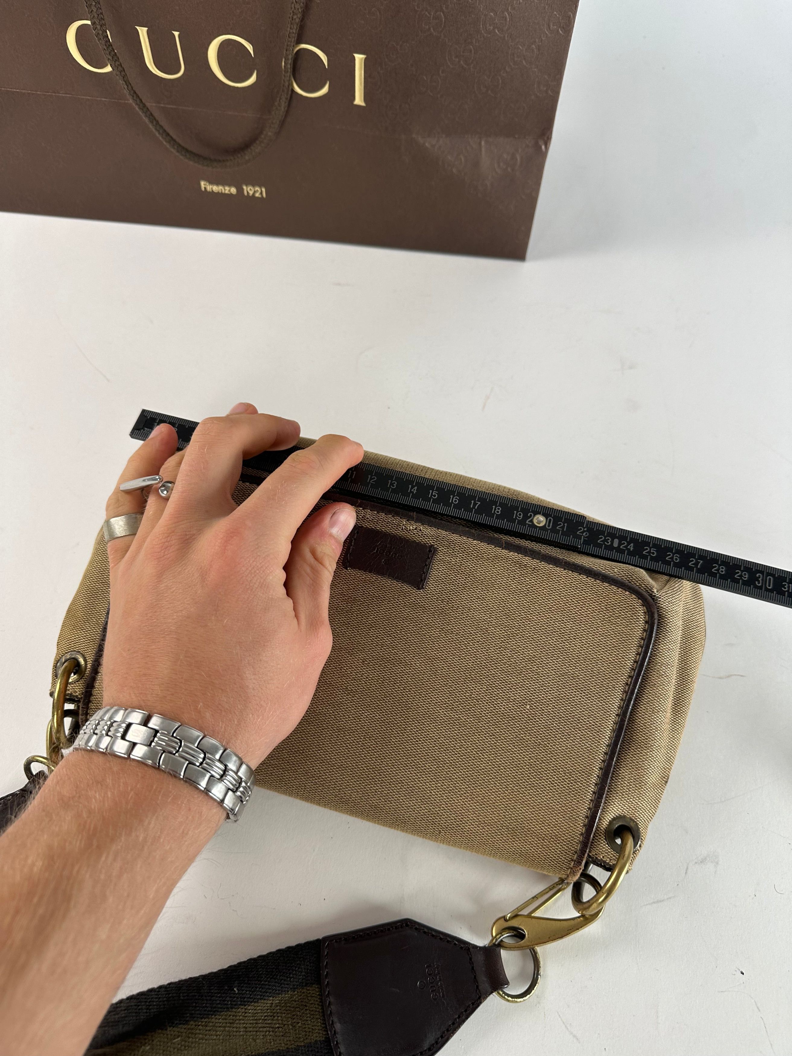 Gucci Vintage Cotton Leather Handbag Beige Brown Size ONE SIZE - 10 Thumbnail