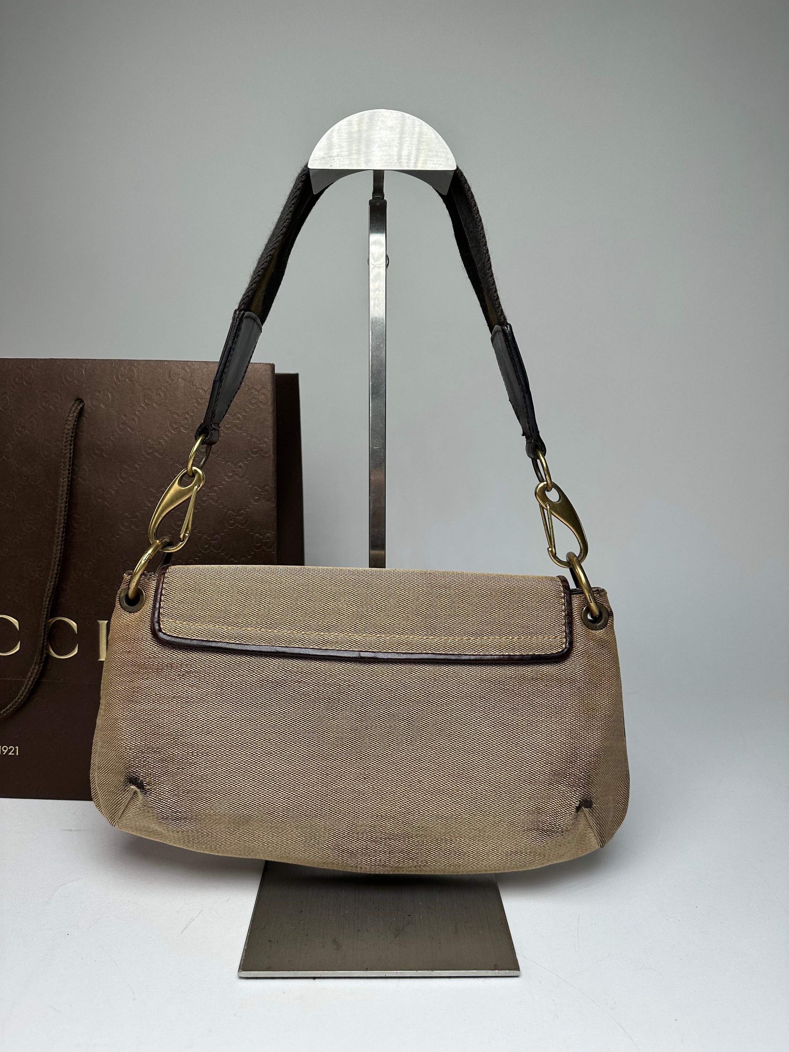 Gucci Vintage Cotton Leather Handbag Beige Brown Size ONE SIZE - 8 Thumbnail