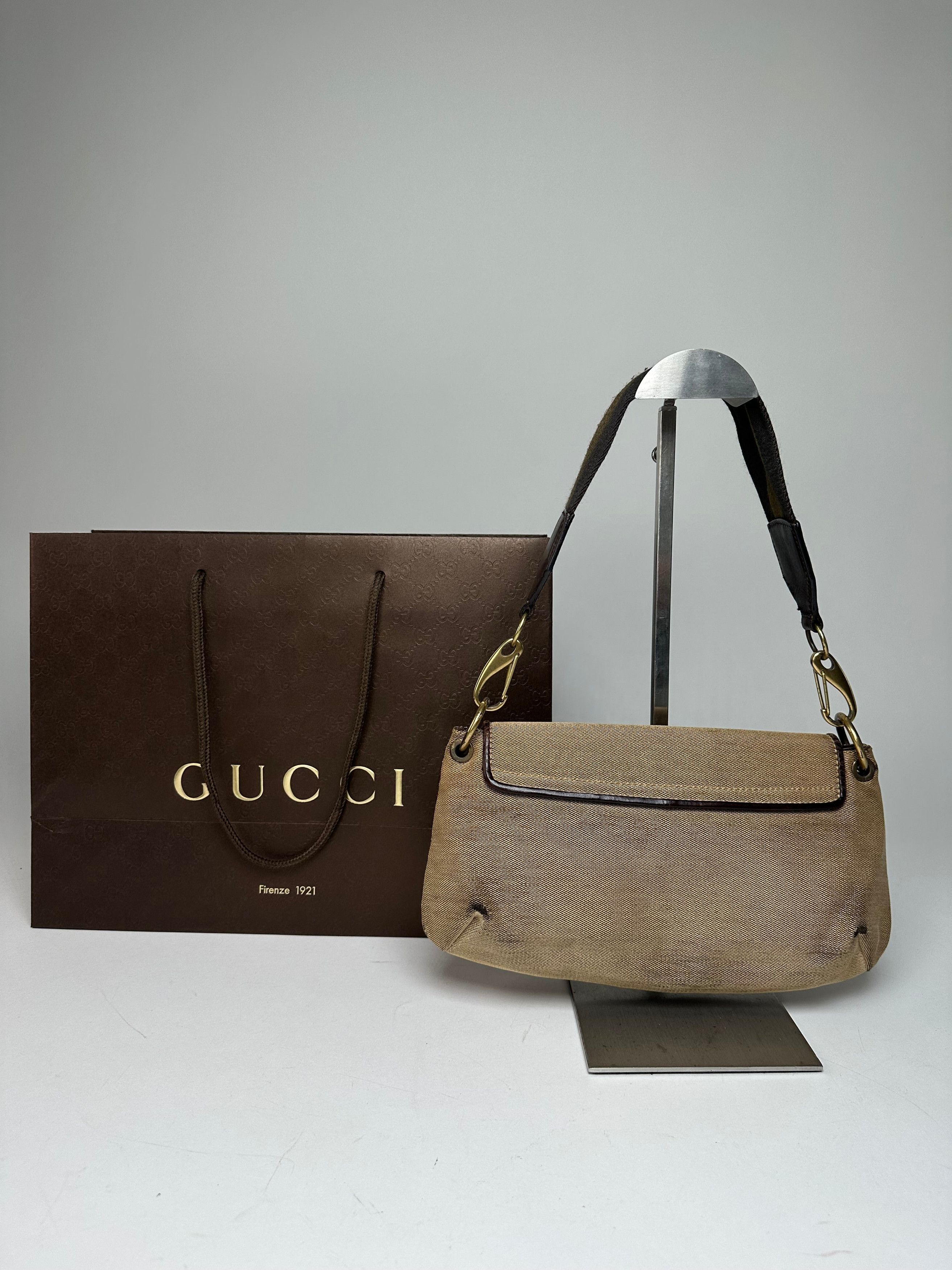 Gucci Vintage Cotton Leather Handbag Beige Brown Size ONE SIZE - 2 Thumbnail