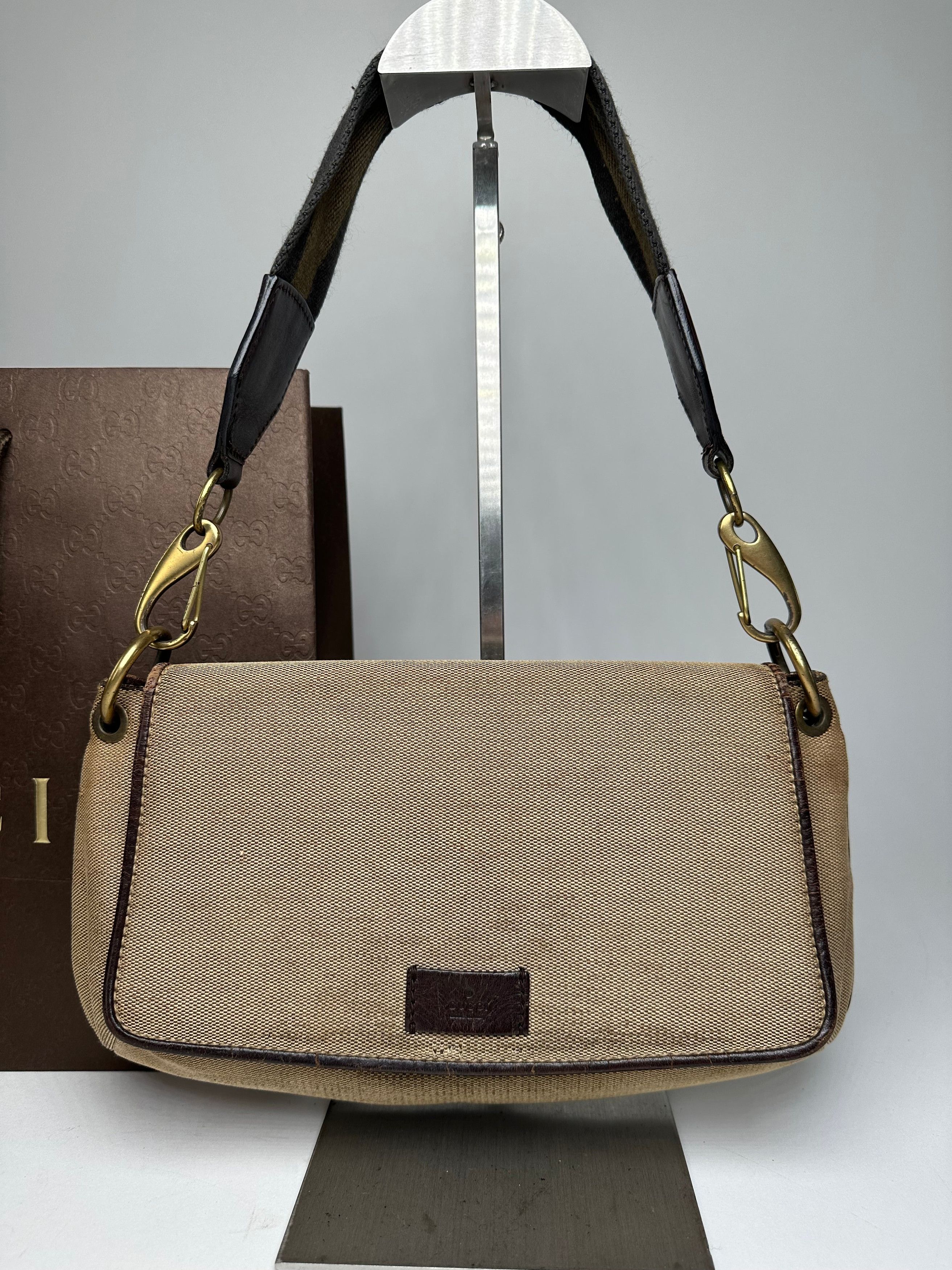 Gucci Vintage Cotton Leather Handbag Beige Brown Size ONE SIZE - 6 Thumbnail