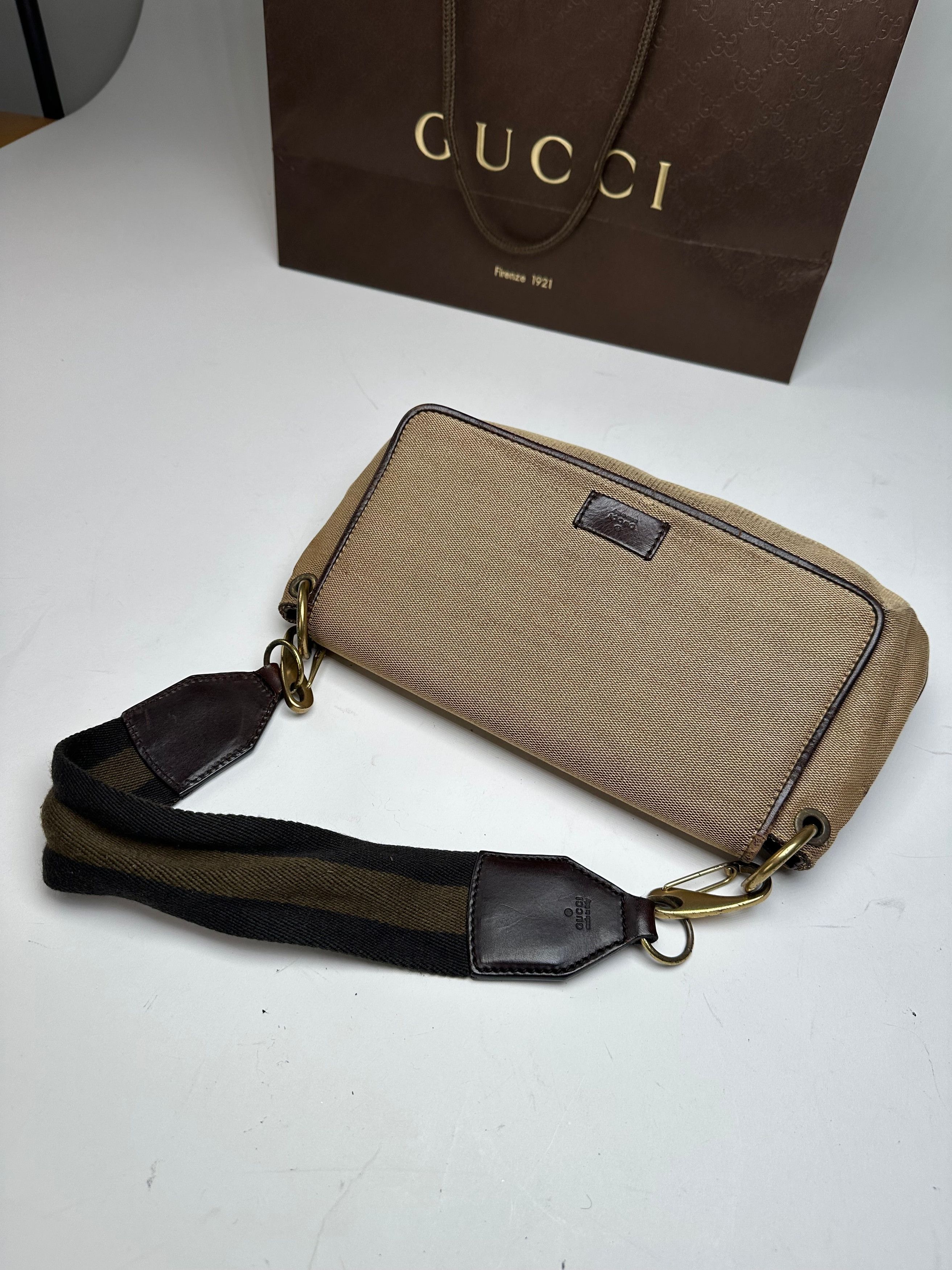 Gucci Vintage Cotton Leather Handbag Beige Brown Size ONE SIZE - 9 Thumbnail