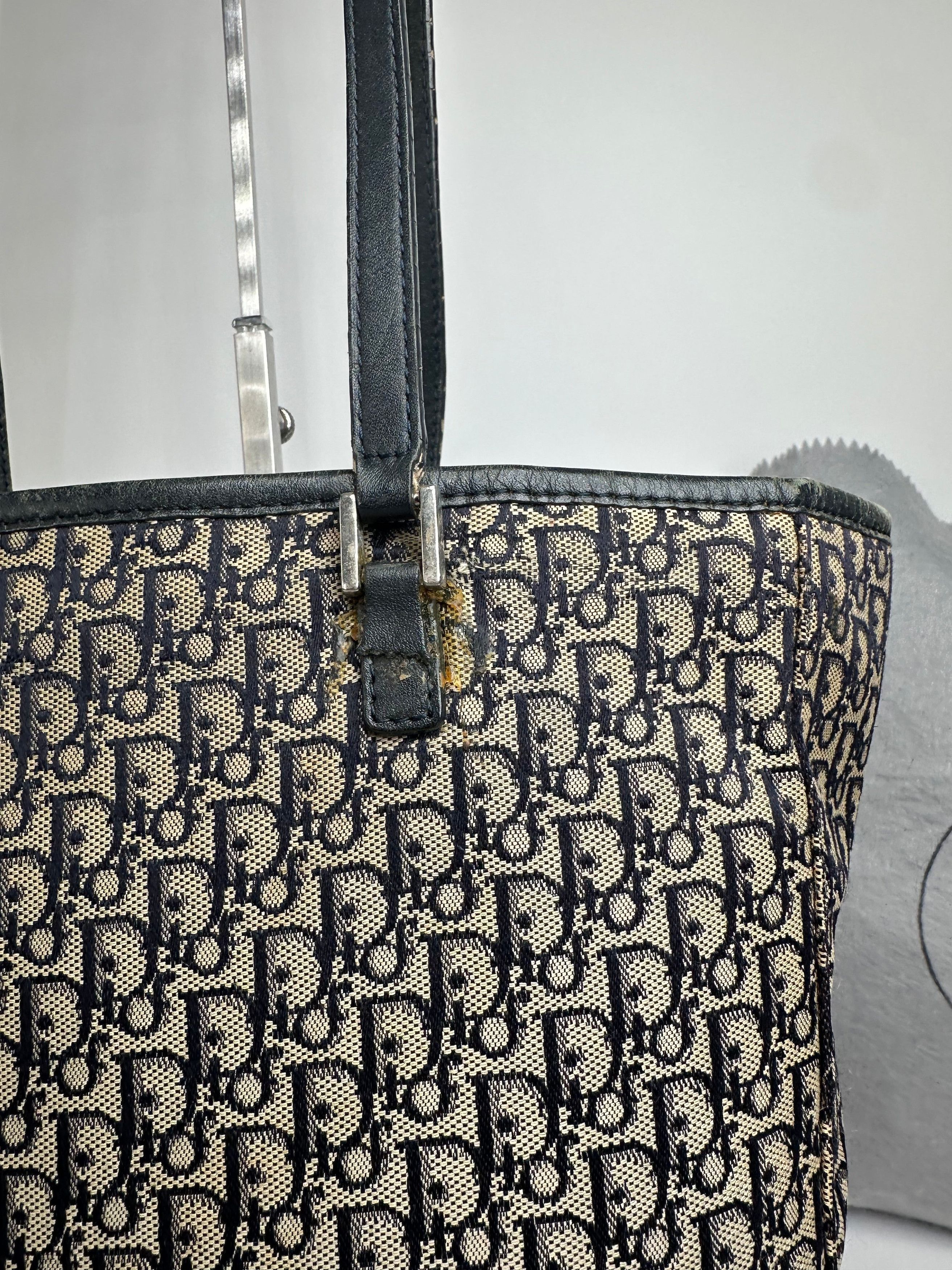 Dior Vintage Oblique Monogram Canvas Leather Tote Bag Beige Navy Size ONE SIZE - 10 Thumbnail