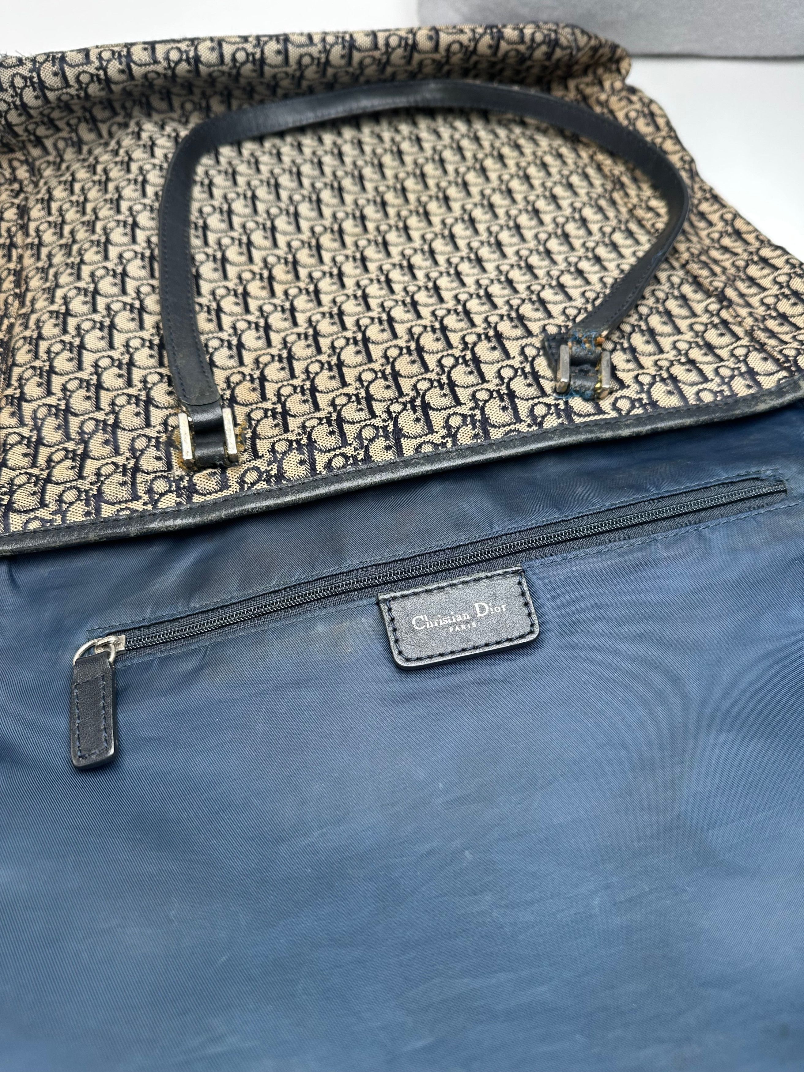 Dior Vintage Oblique Monogram Canvas Leather Tote Bag Beige Navy Size ONE SIZE - 4 Thumbnail