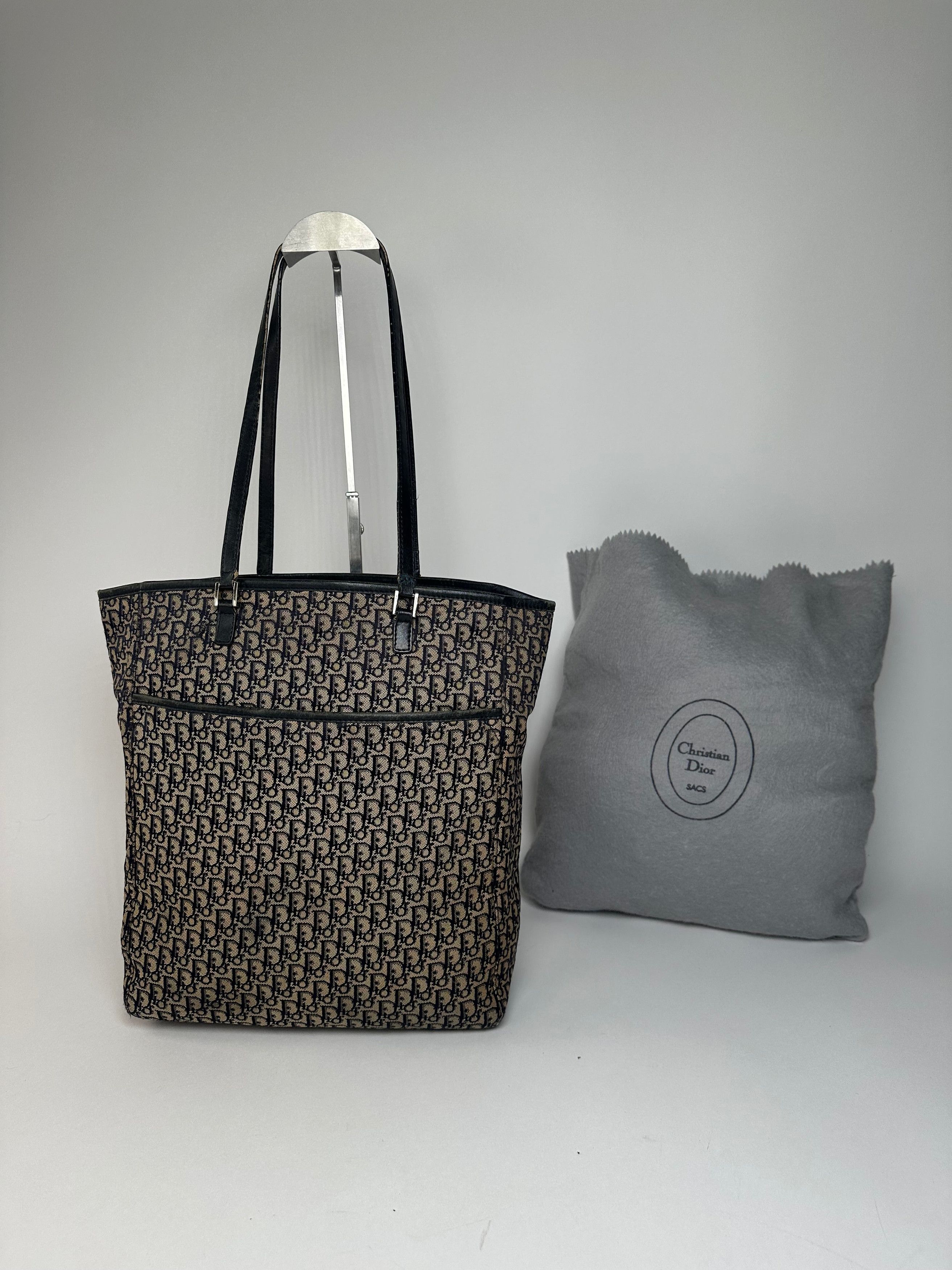 Dior Vintage Oblique Monogram Canvas Leather Tote Bag Beige Navy Size ONE SIZE - 2 Thumbnail