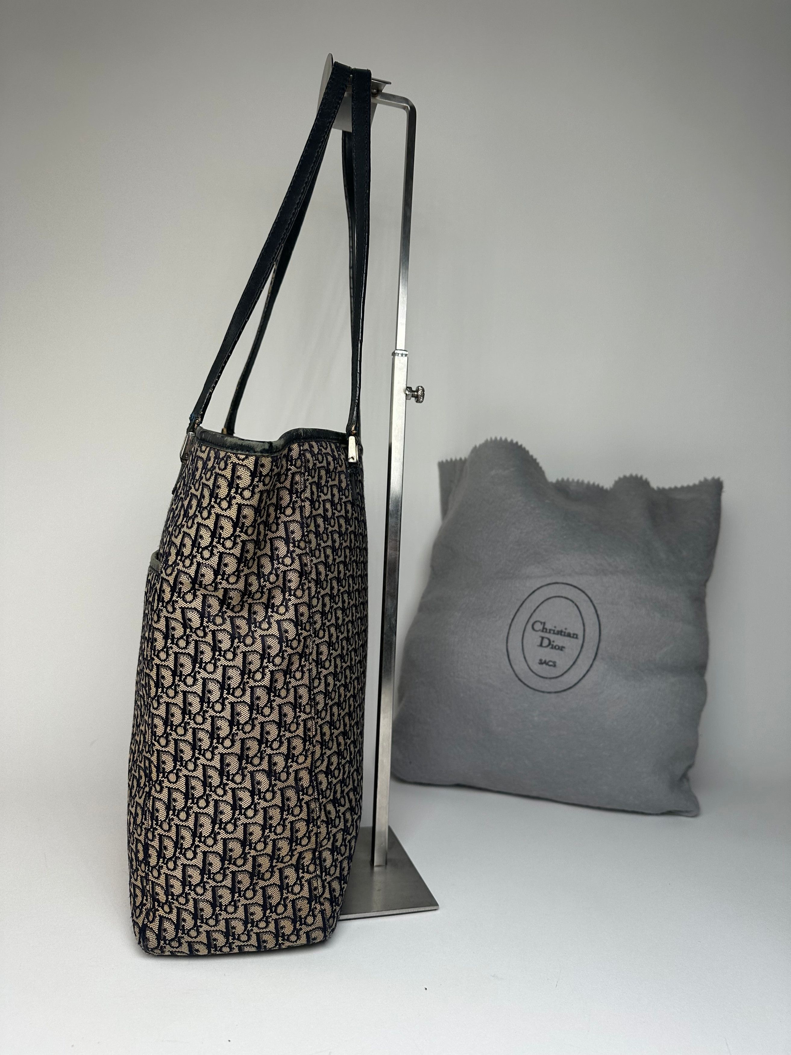 Dior Vintage Oblique Monogram Canvas Leather Tote Bag Beige Navy Size ONE SIZE - 8 Thumbnail