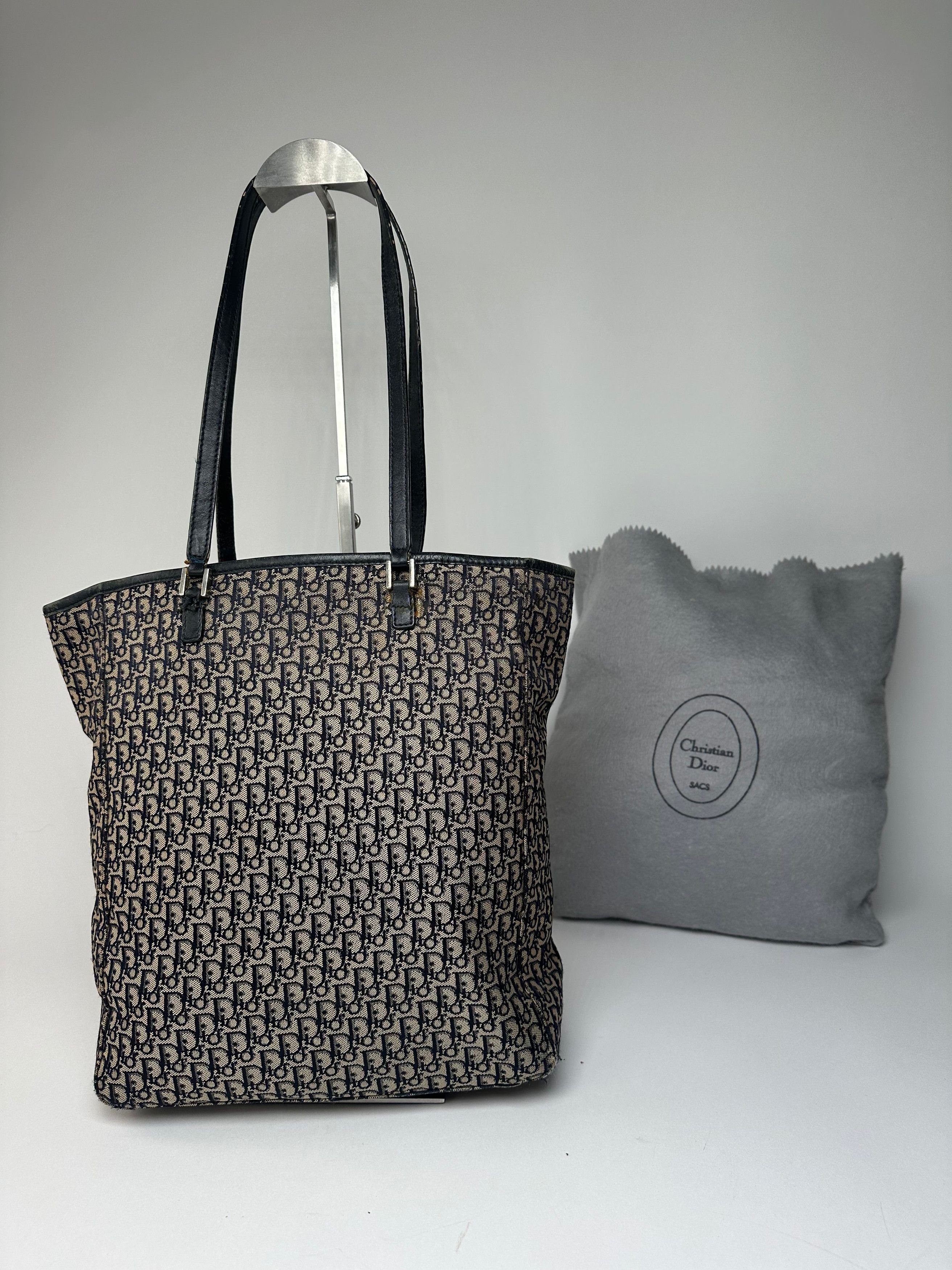 Dior Vintage Oblique Monogram Canvas Leather Tote Bag Beige Navy Size ONE SIZE - 9 Thumbnail