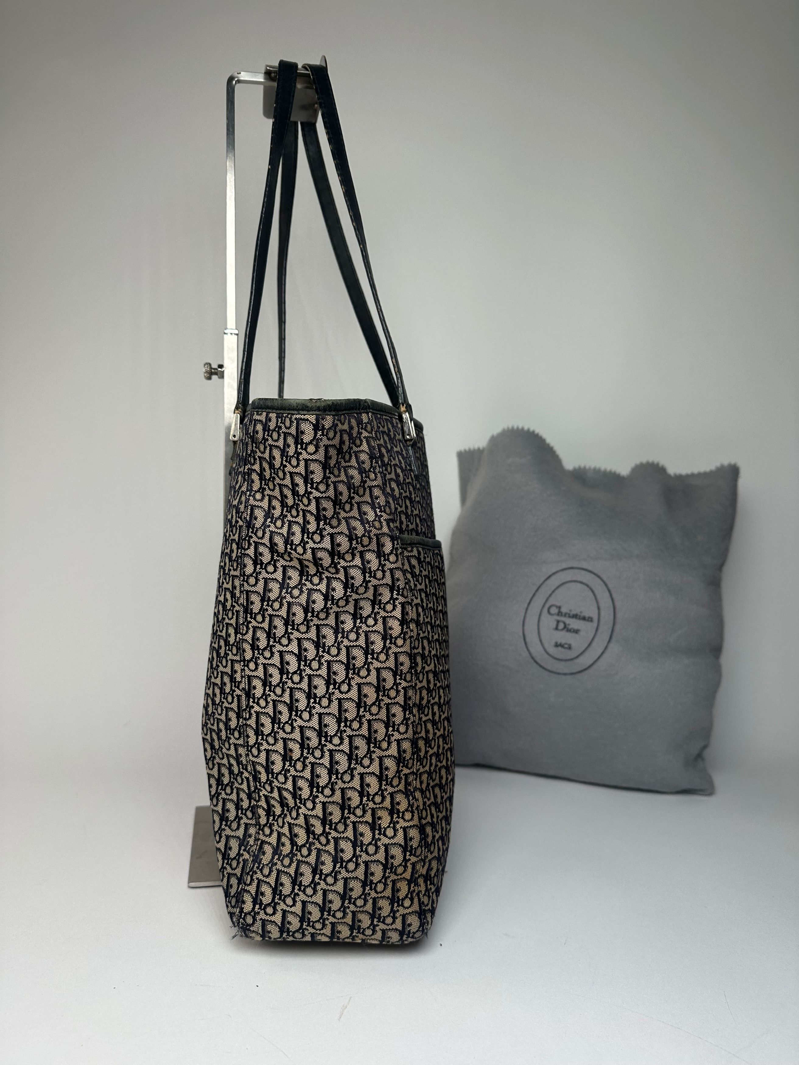 Dior Vintage Oblique Monogram Canvas Leather Tote Bag Beige Navy Size ONE SIZE - 6 Thumbnail