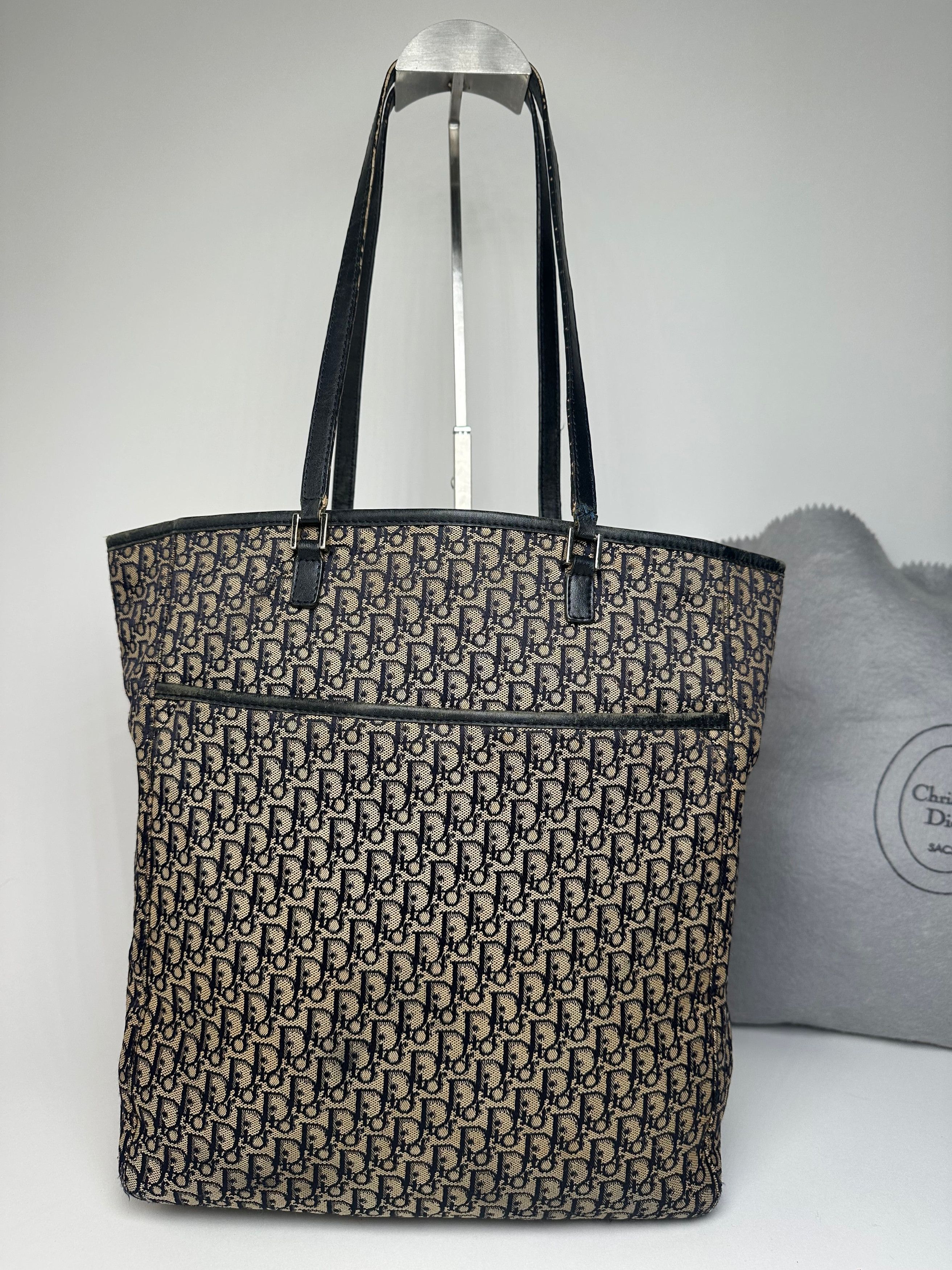 Dior Vintage Oblique Monogram Canvas Leather Tote Bag Beige Navy Size ONE SIZE - 7 Thumbnail