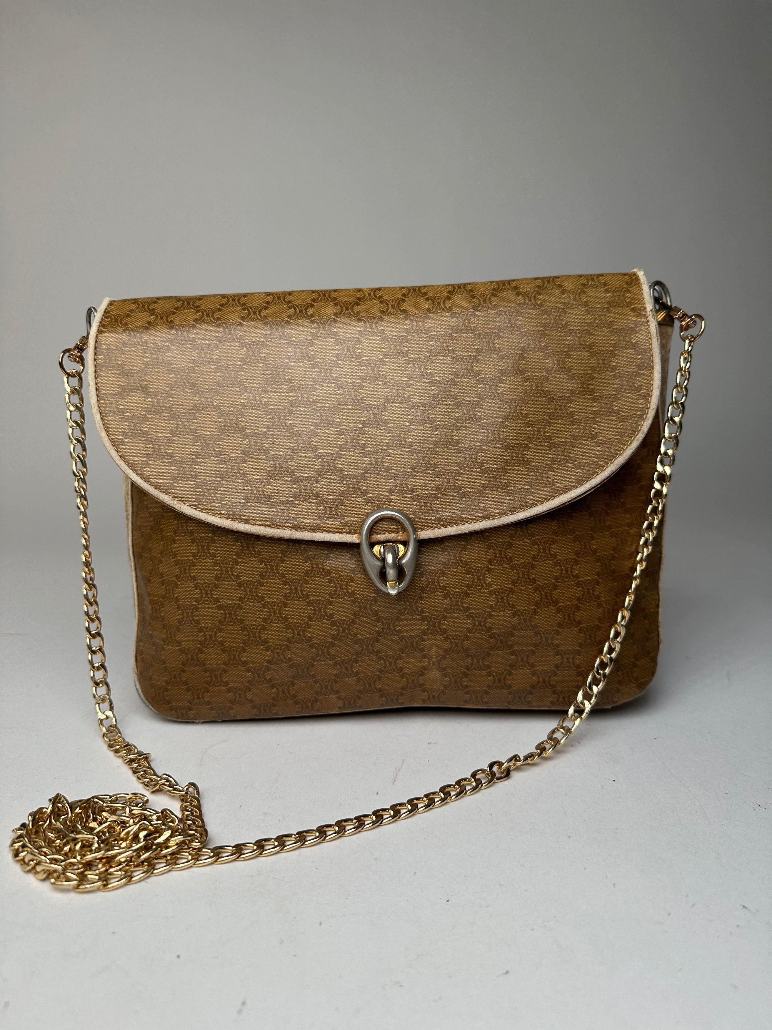 Celine Vintage Paris Triomphe Monogram Chain Leather Bag Brown Size ONE SIZE - 8 Thumbnail