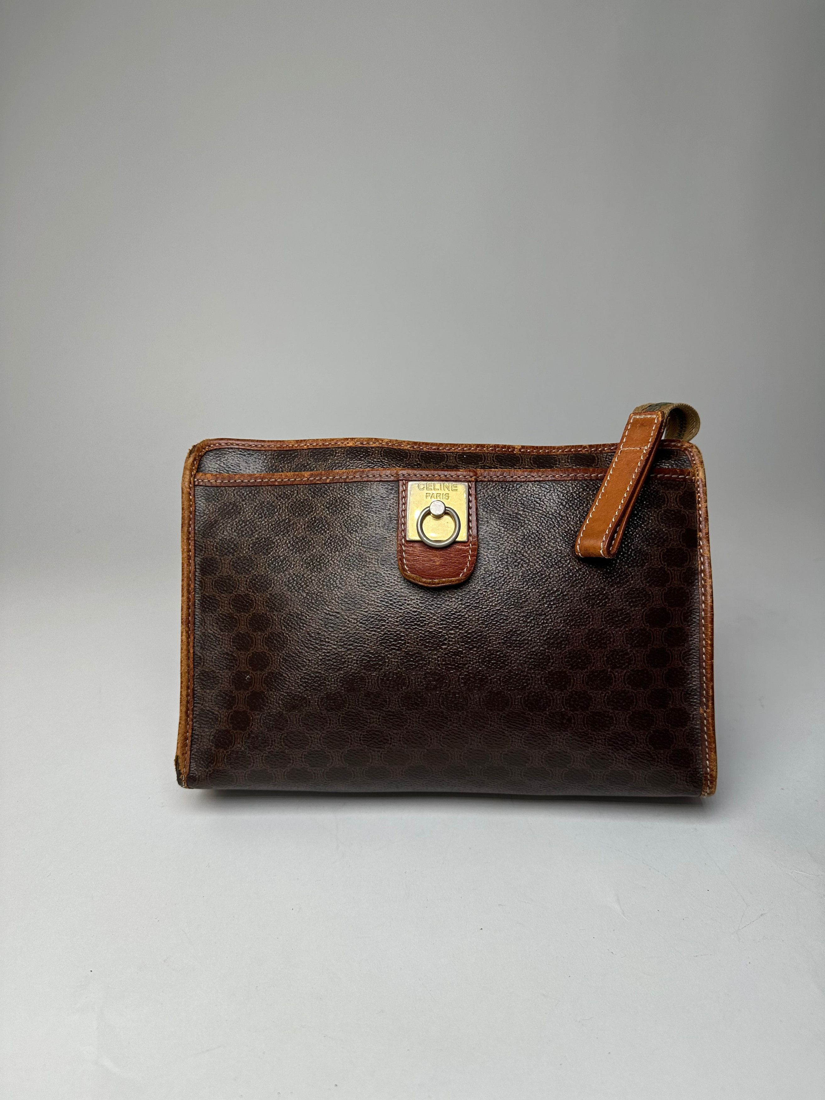 Celine Vintage Paris Triomphe Monogram Leather Clutch Brown Size ONE SIZE - 12 Thumbnail