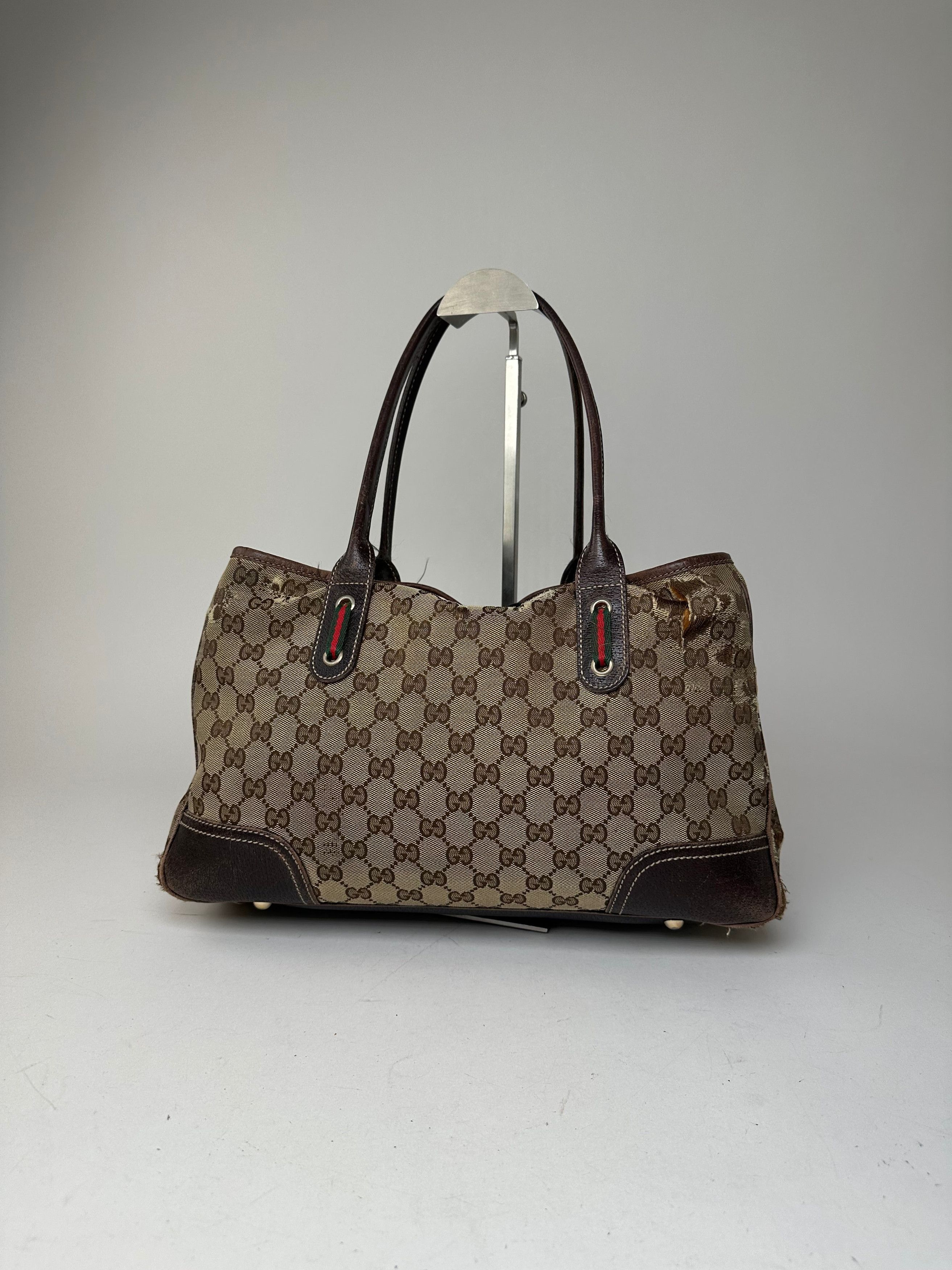 Gucci Vintage Monogram Canvas Leather Handbag Beige Brown Size ONE SIZE - 14 Thumbnail