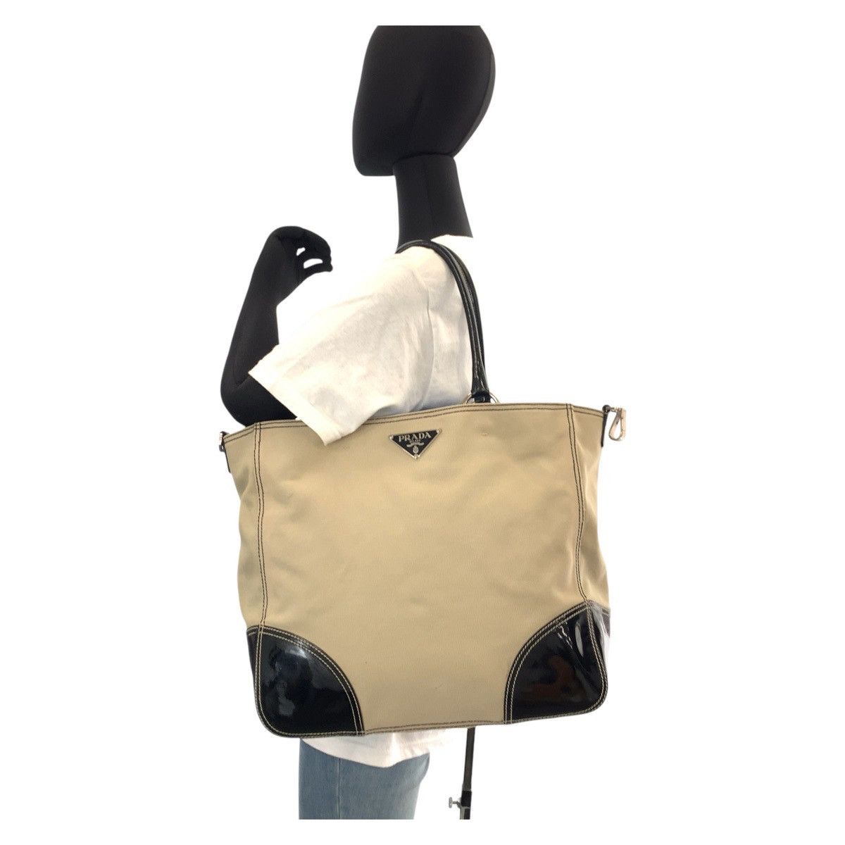 Prada Prada Triangle Logo Canvas Patent Leather 2way Tote Bag 