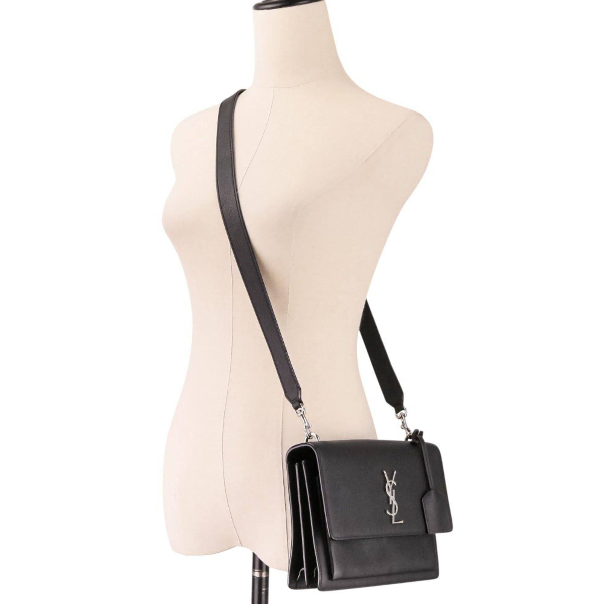 Yves Saint Laurent Yves Saint Laurent SAINT LAURENT PARIS Sunset Cassandra Flap Leather Shoulder Bag in Black for Women Size ONE SIZE - 7 Thumbnail