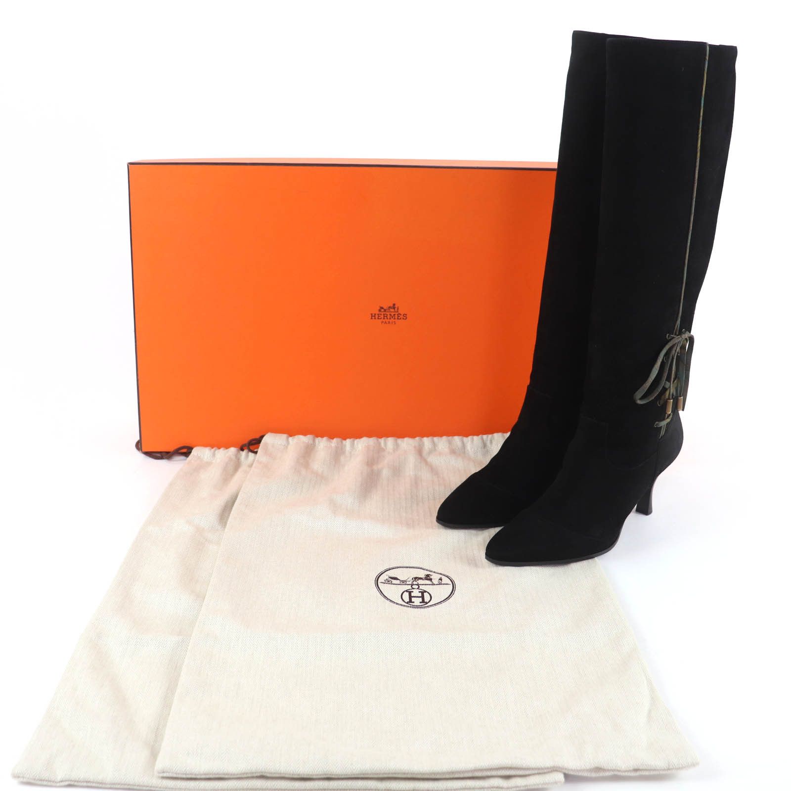 Hermes Hermes Hermès BOHEME Suede leather Silk Ribbon Knee-high Boots 37.5 Leather Shoes DUTY FREE for USA Size ONE SIZE - 2 Thumbnail