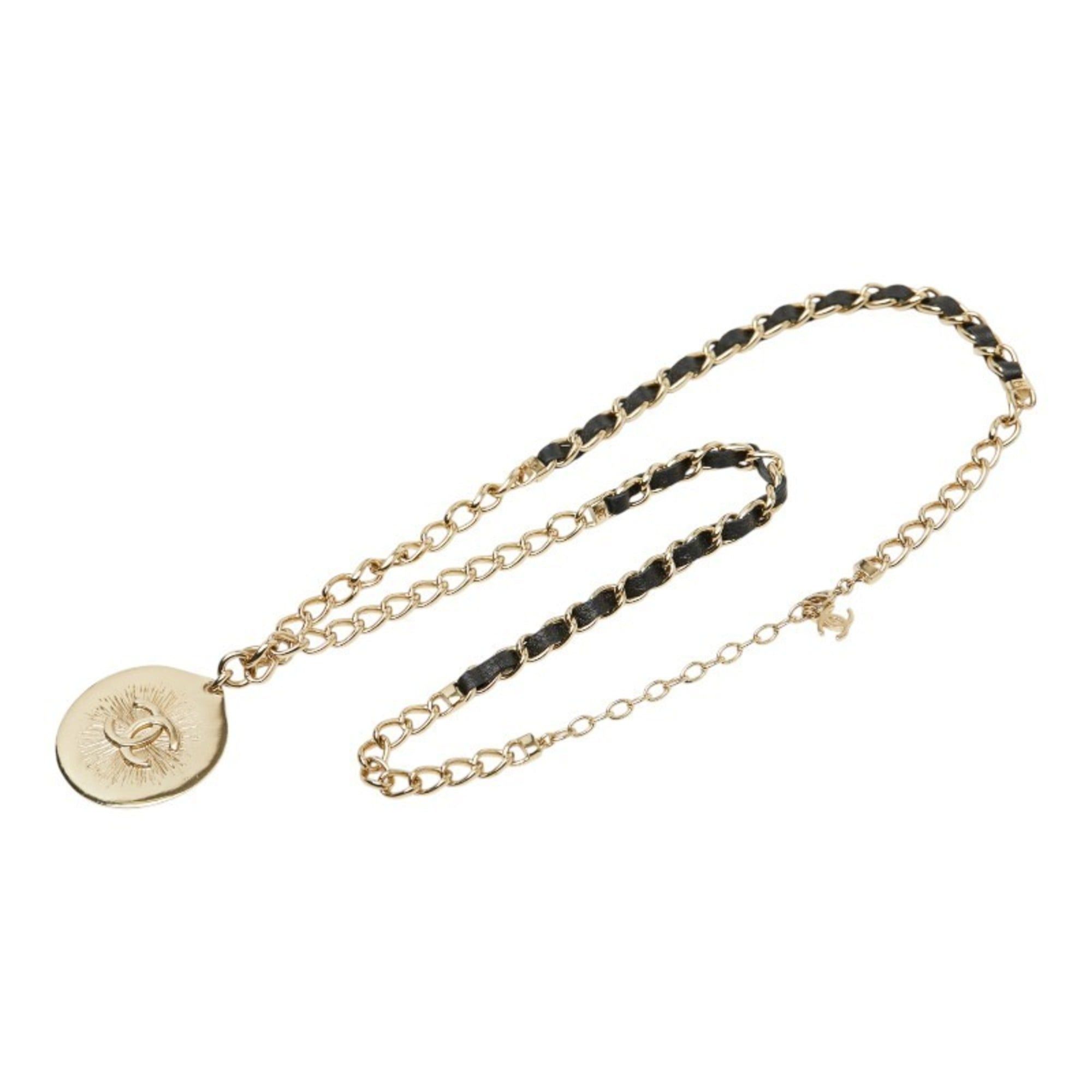 Chanel Chanel Coco Mark Chain Pendant Necklace in Gold and Black Plated Leather for Women Size ONE SIZE - 3 Thumbnail