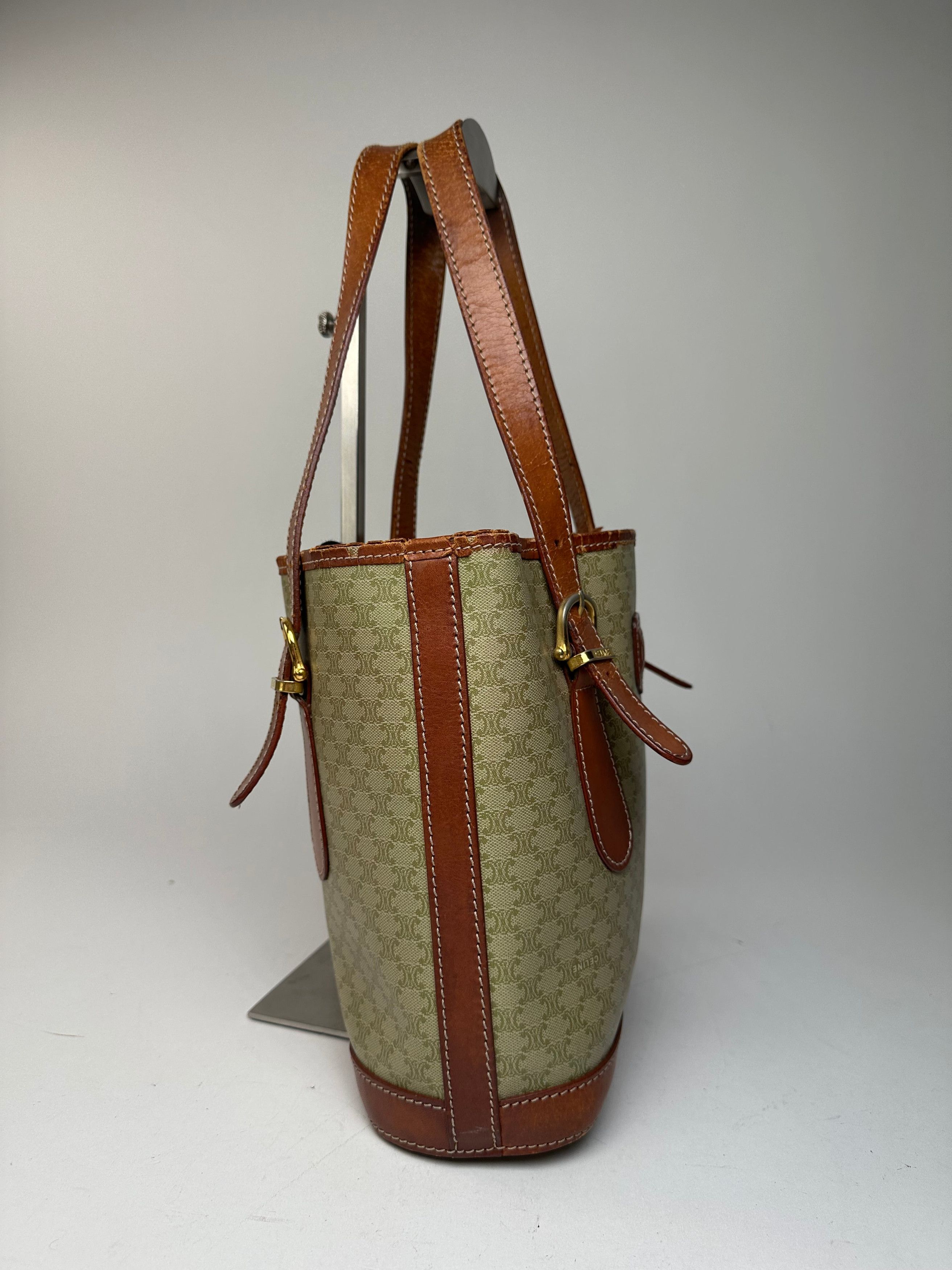 Celine Vintage Paris Triomphe Monogram Leather Bucket Bag Brown Gre Size ONE SIZE - 9 Thumbnail