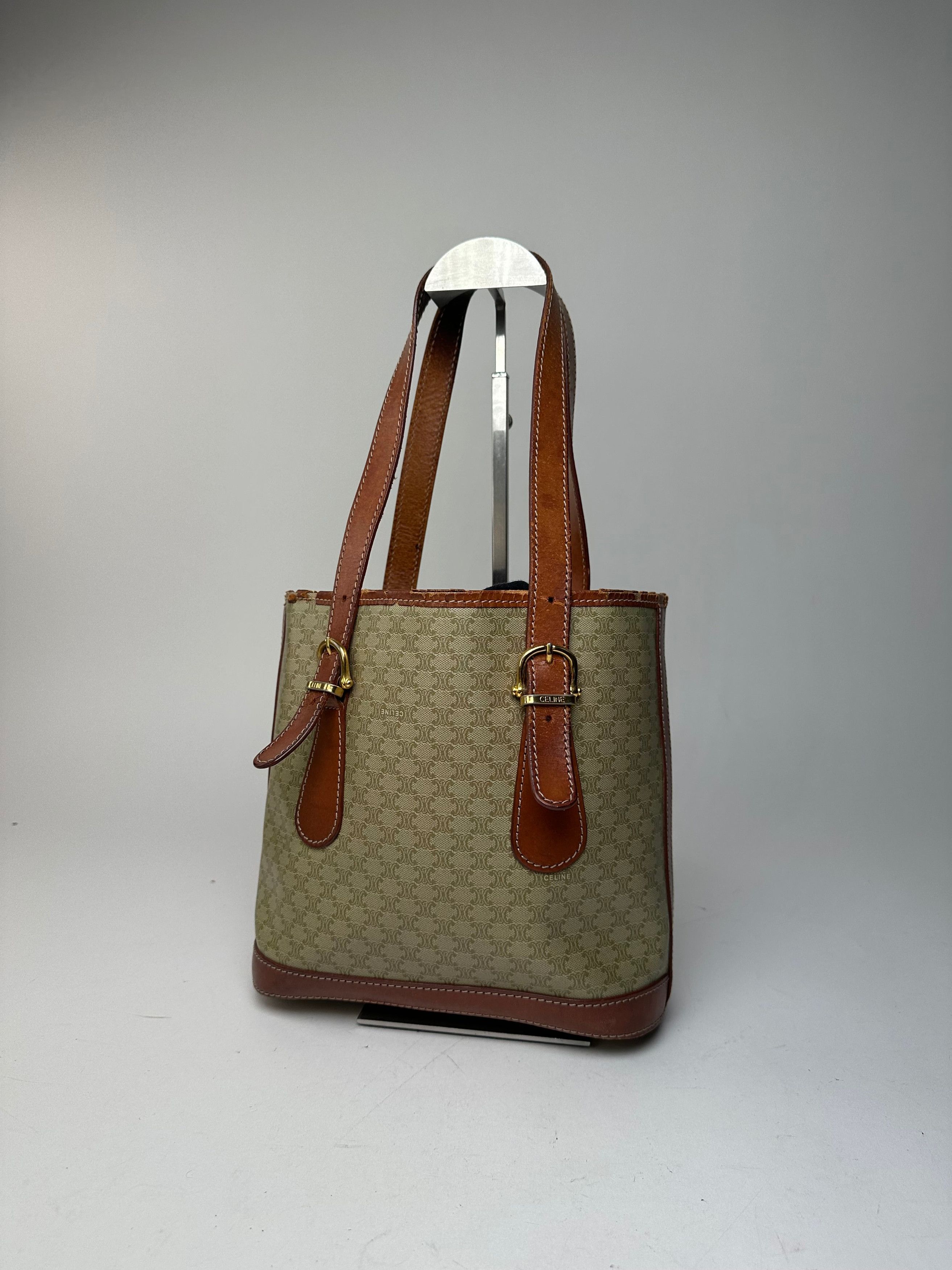 Celine Vintage Paris Triomphe Monogram Leather Bucket Bag Brown Gre Size ONE SIZE - 2 Thumbnail