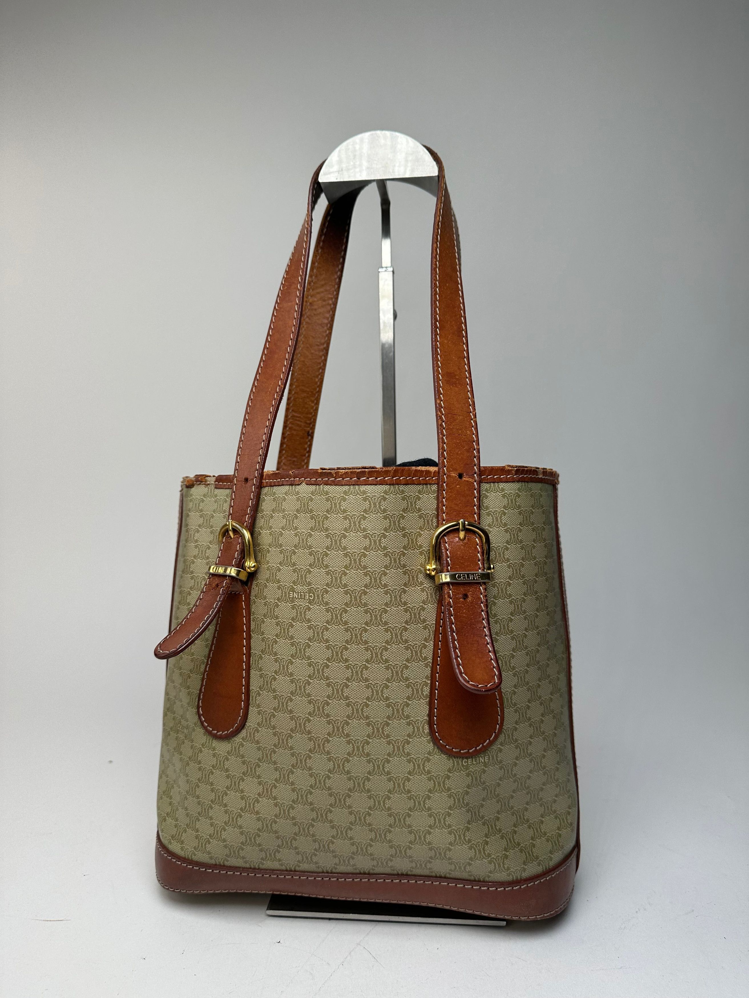 Celine Vintage Paris Triomphe Monogram Leather Bucket Bag Brown Gre Size ONE SIZE - 10 Thumbnail