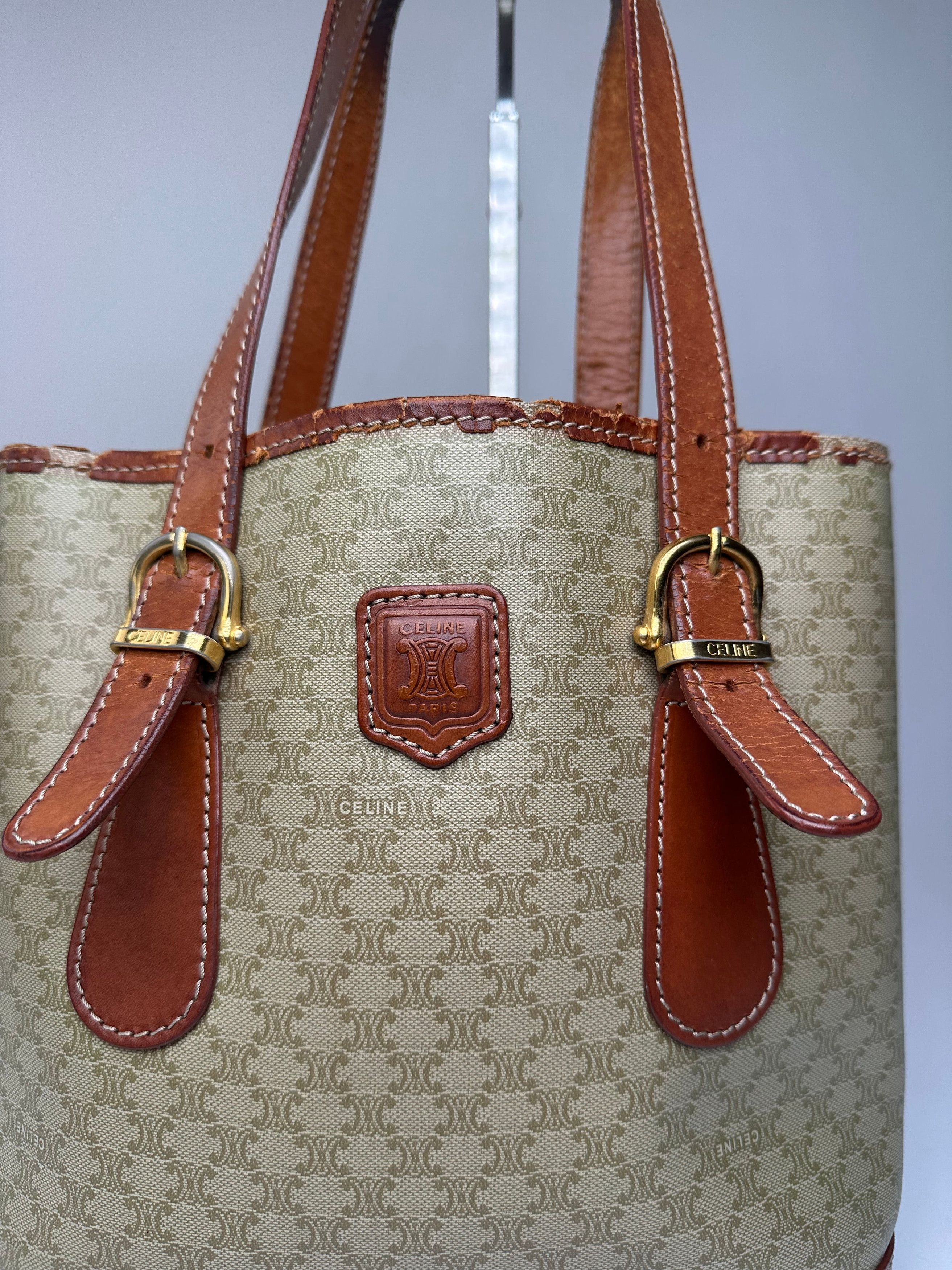 Celine Vintage Paris Triomphe Monogram Leather Bucket Bag Brown Gre Size ONE SIZE - 8 Thumbnail