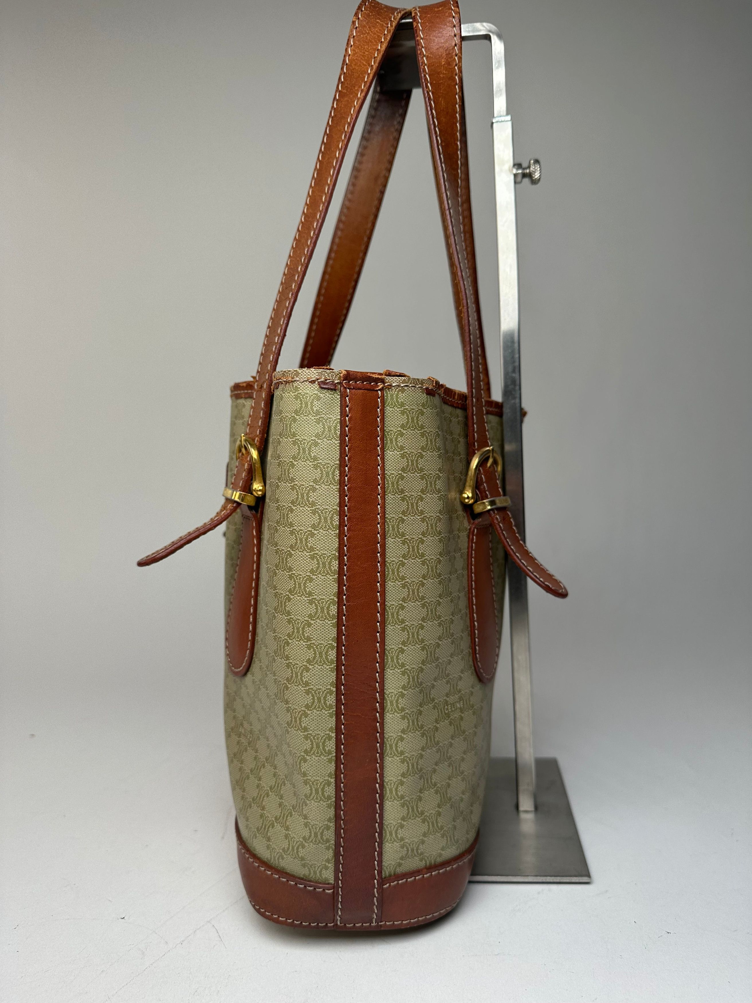 Celine Vintage Paris Triomphe Monogram Leather Bucket Bag Brown Gre Size ONE SIZE - 7 Thumbnail