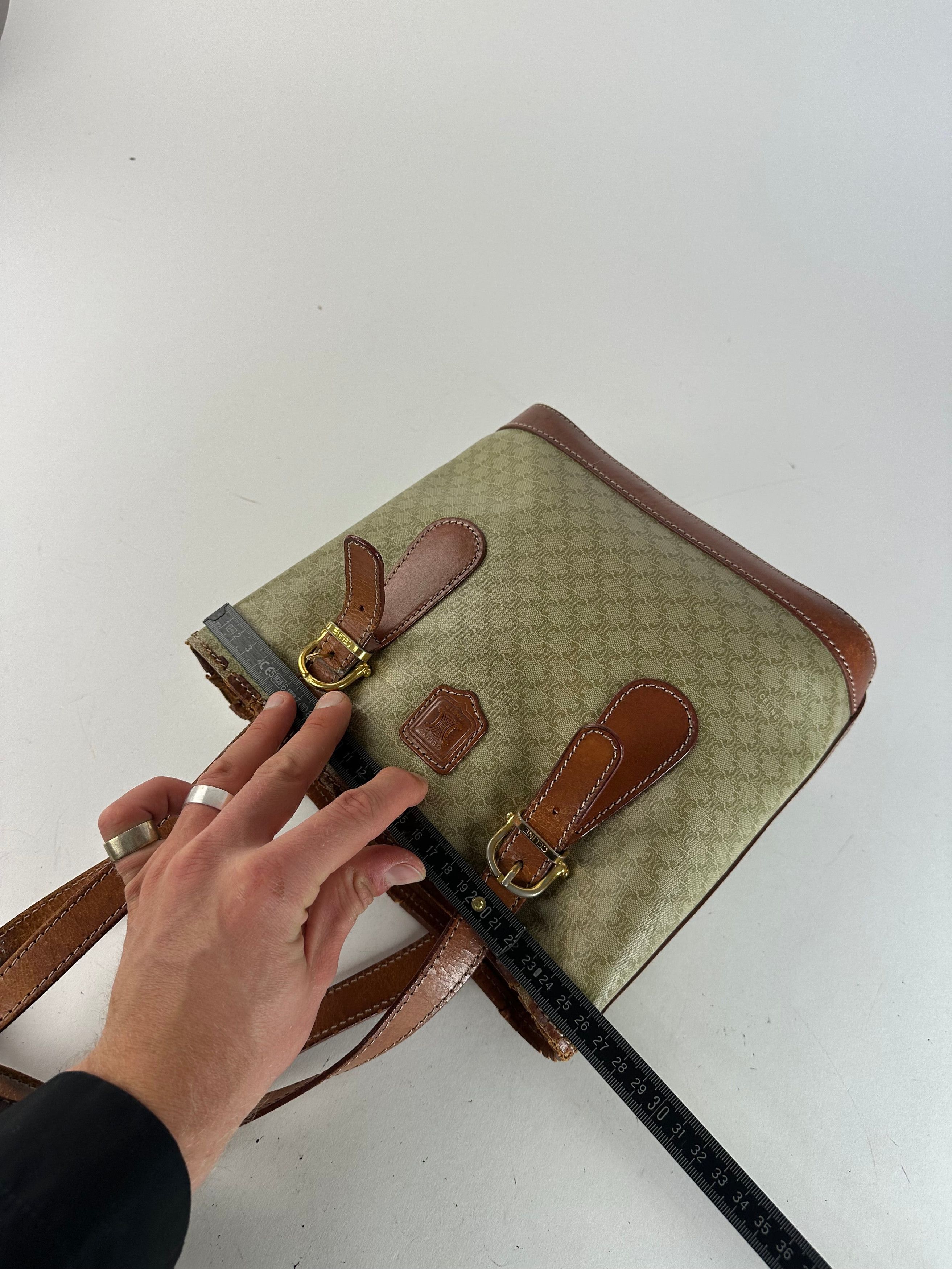 Celine Vintage Paris Triomphe Monogram Leather Bucket Bag Brown Gre Size ONE SIZE - 11 Thumbnail