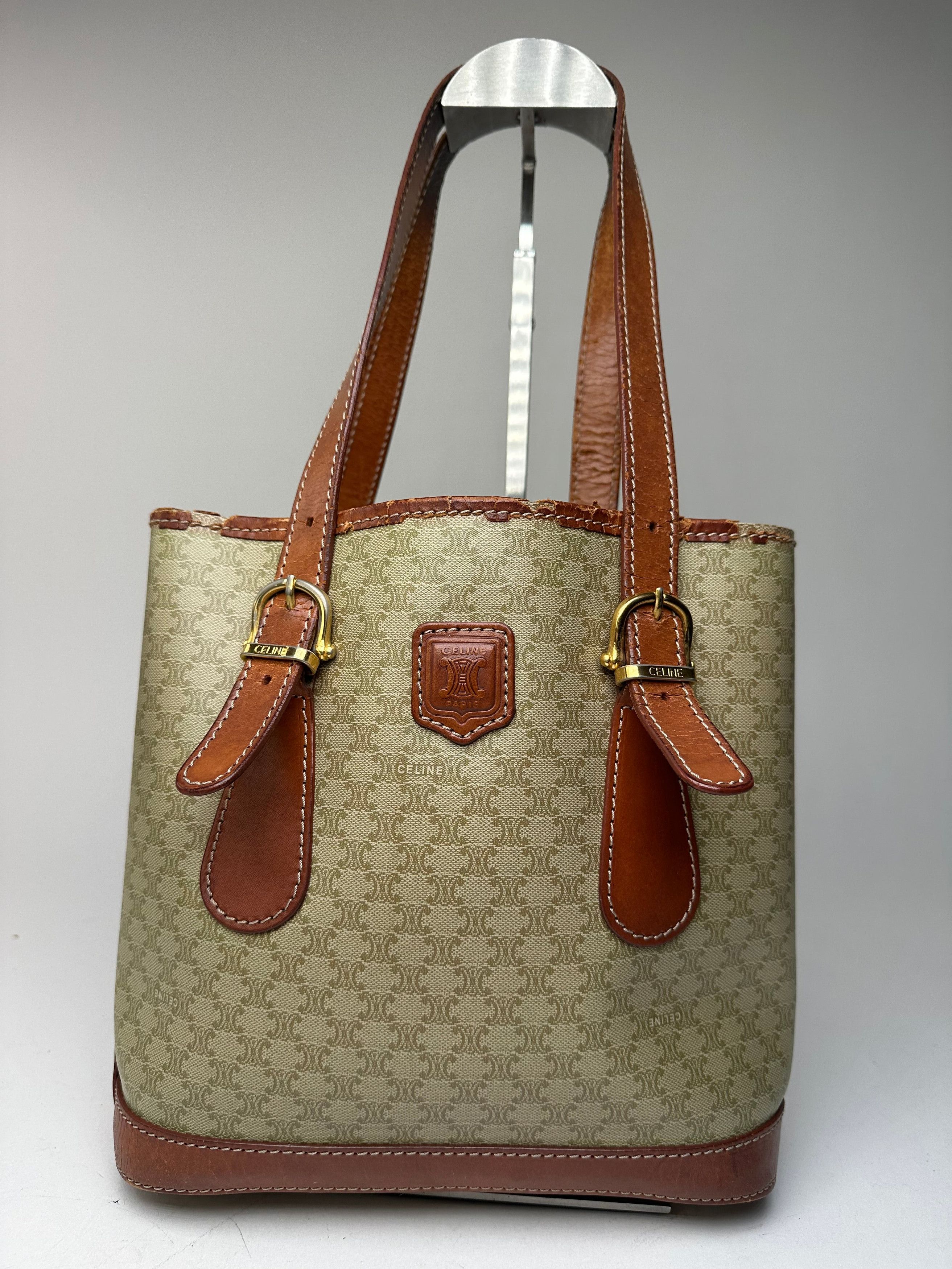 Celine Vintage Paris Triomphe Monogram Leather Bucket Bag Brown Gre Size ONE SIZE - 6 Thumbnail