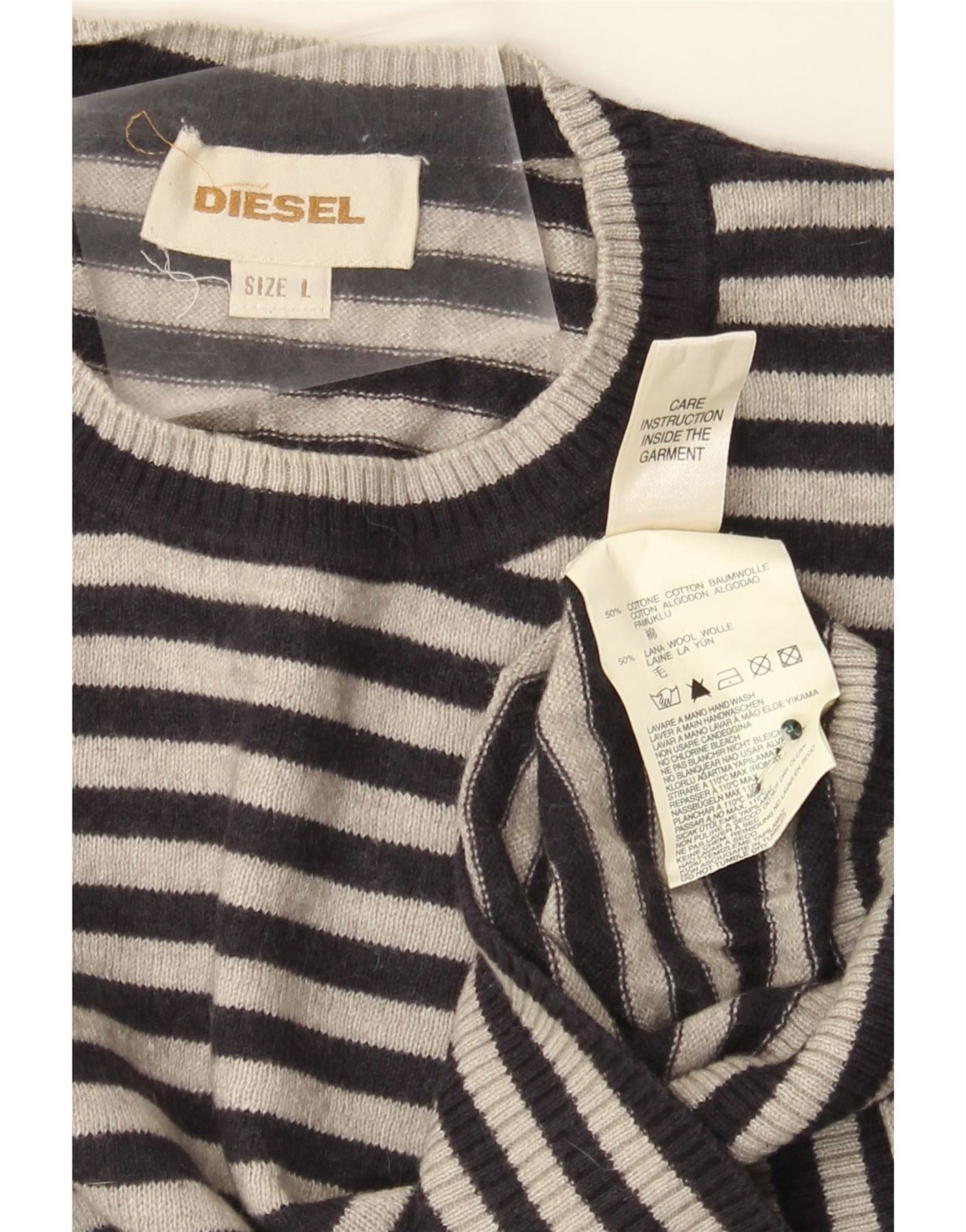 Diesel Womens Crew Neck Jumper Sweater UK 14 Large Grey Striped Cot Size XS / US 0-2 / IT 36-38 - 3 Thumbnail