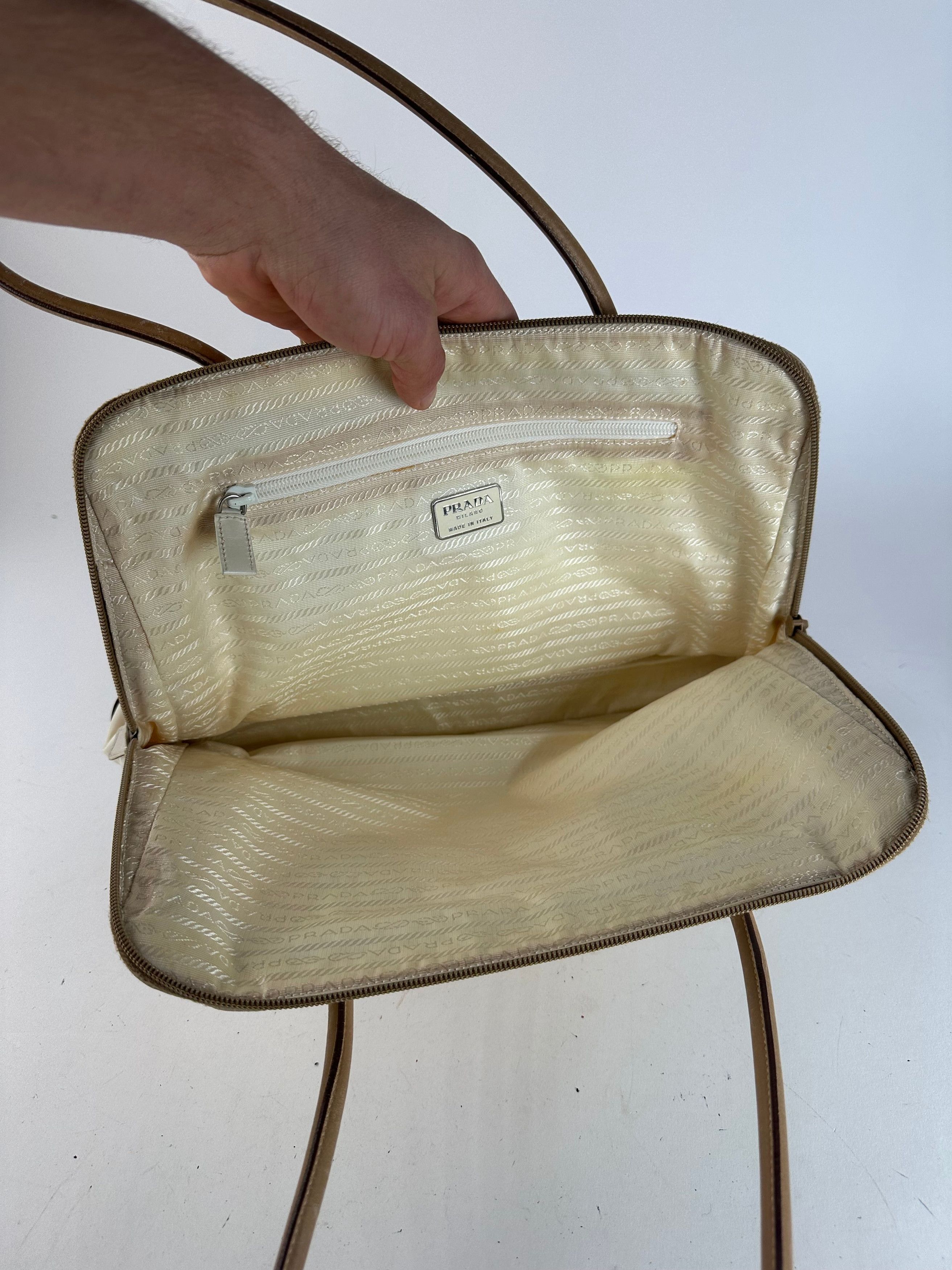 Prada Vintage Polyester / Leather Handbag White Brown Size ONE SIZE - 3 Thumbnail