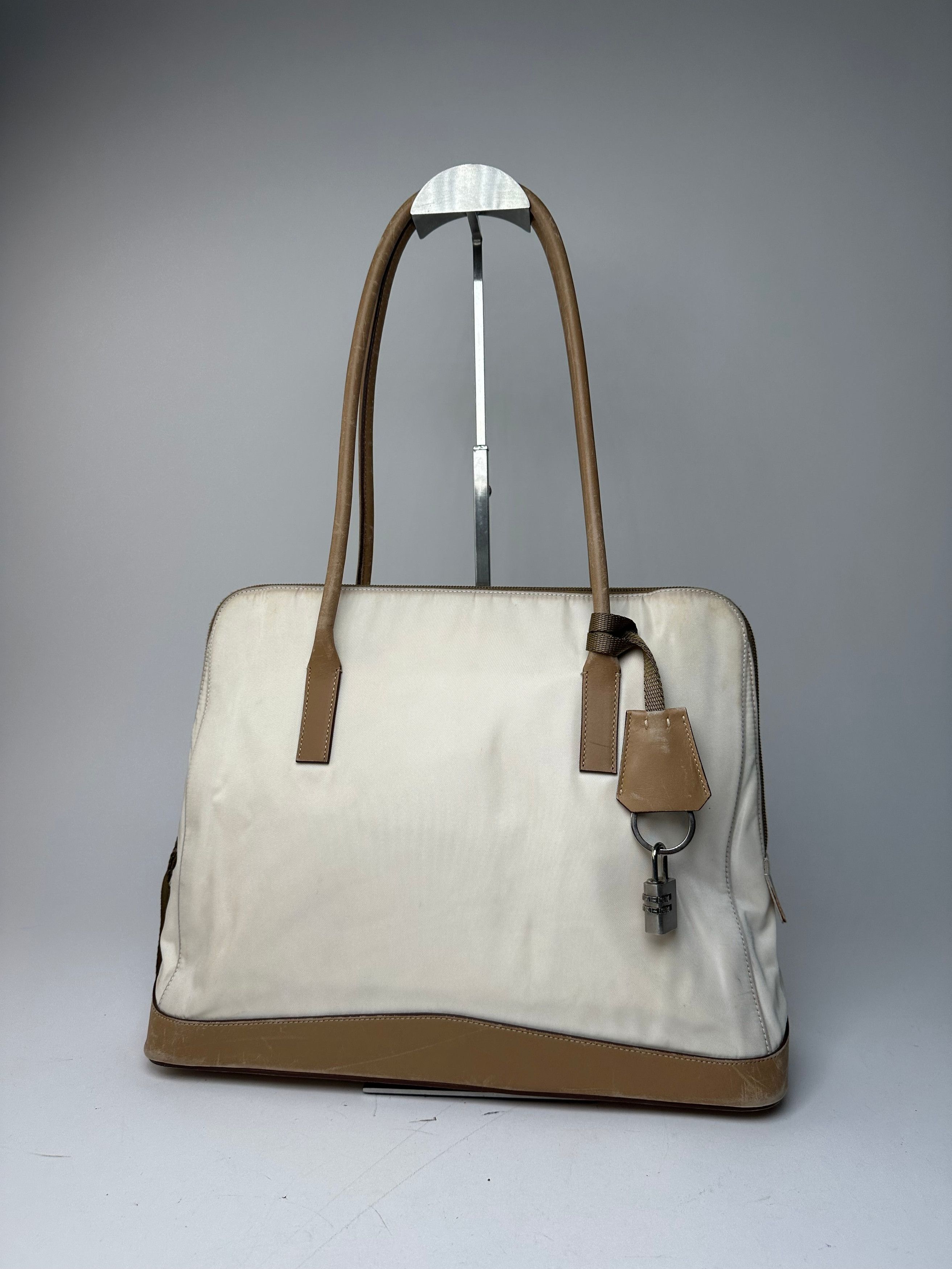 Prada Vintage Polyester / Leather Handbag White Brown Size ONE SIZE - 13 Thumbnail