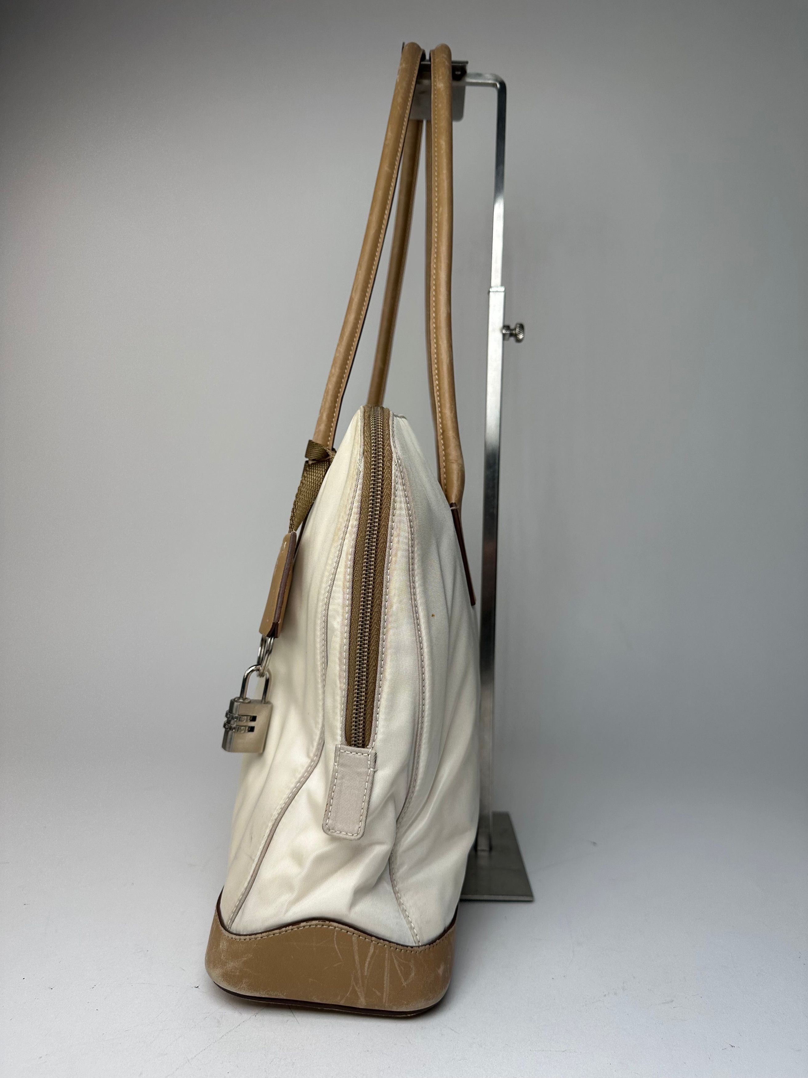Prada Vintage Polyester / Leather Handbag White Brown Size ONE SIZE - 7 Thumbnail