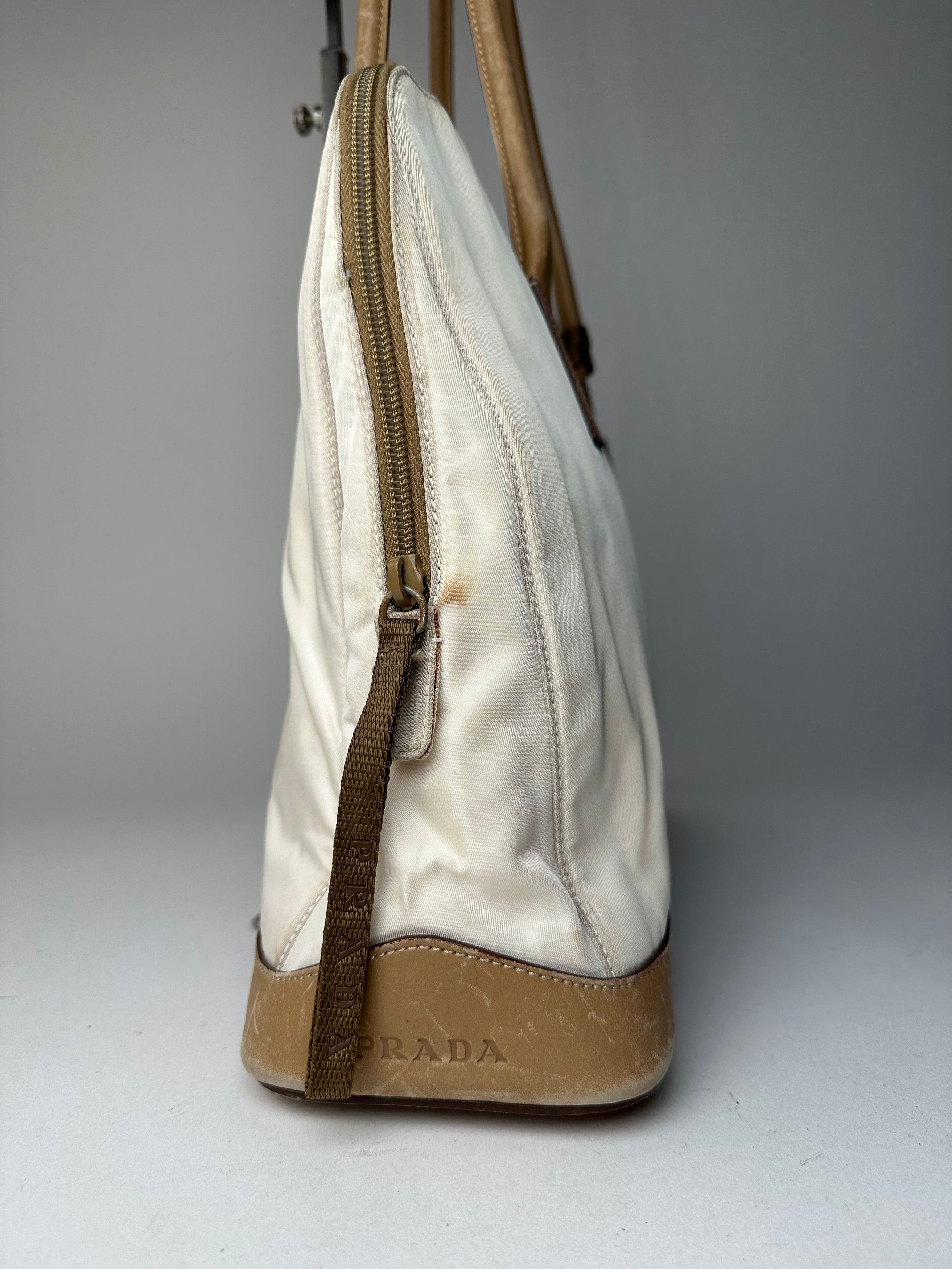 Prada Vintage Polyester / Leather Handbag White Brown Size ONE SIZE - 9 Thumbnail