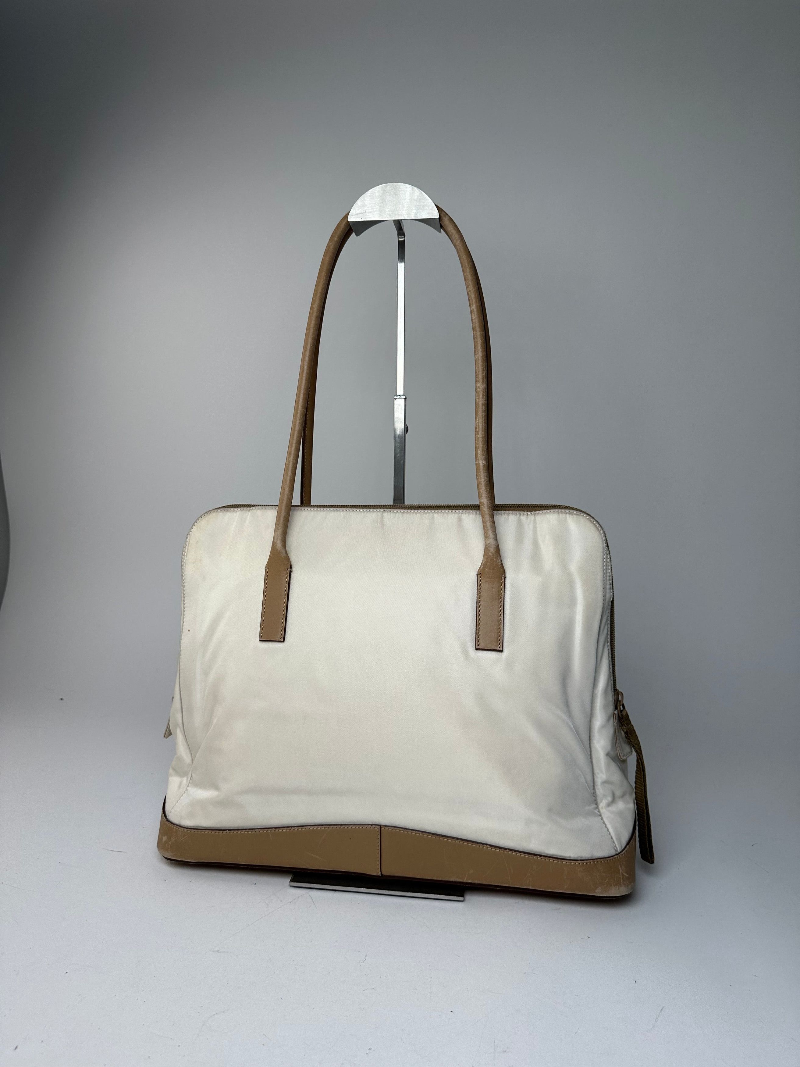Prada Vintage Polyester / Leather Handbag White Brown Size ONE SIZE - 8 Thumbnail