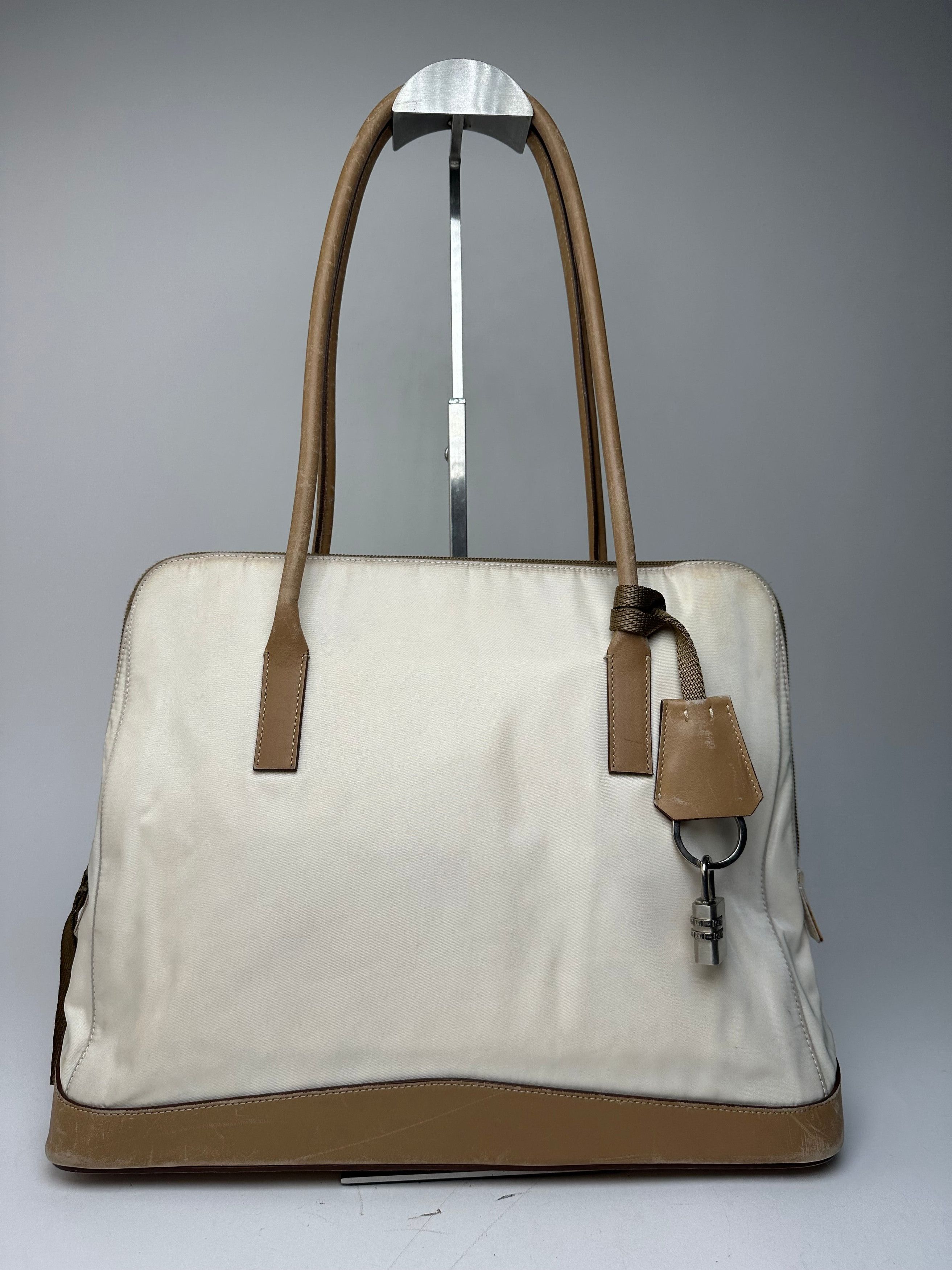 Prada Vintage Polyester / Leather Handbag White Brown Size ONE SIZE - 5 Thumbnail