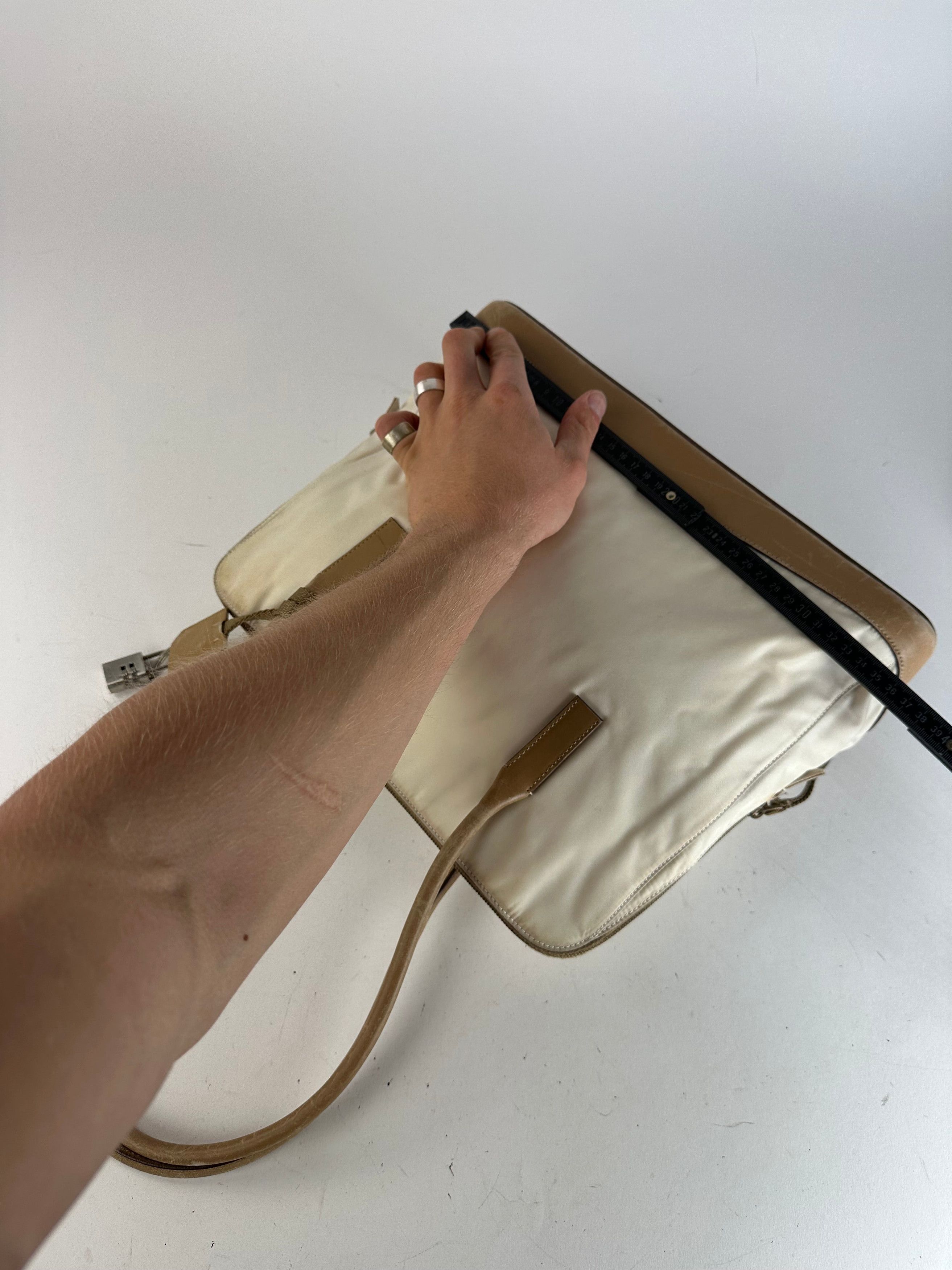 Prada Vintage Polyester / Leather Handbag White Brown Size ONE SIZE - 10 Thumbnail