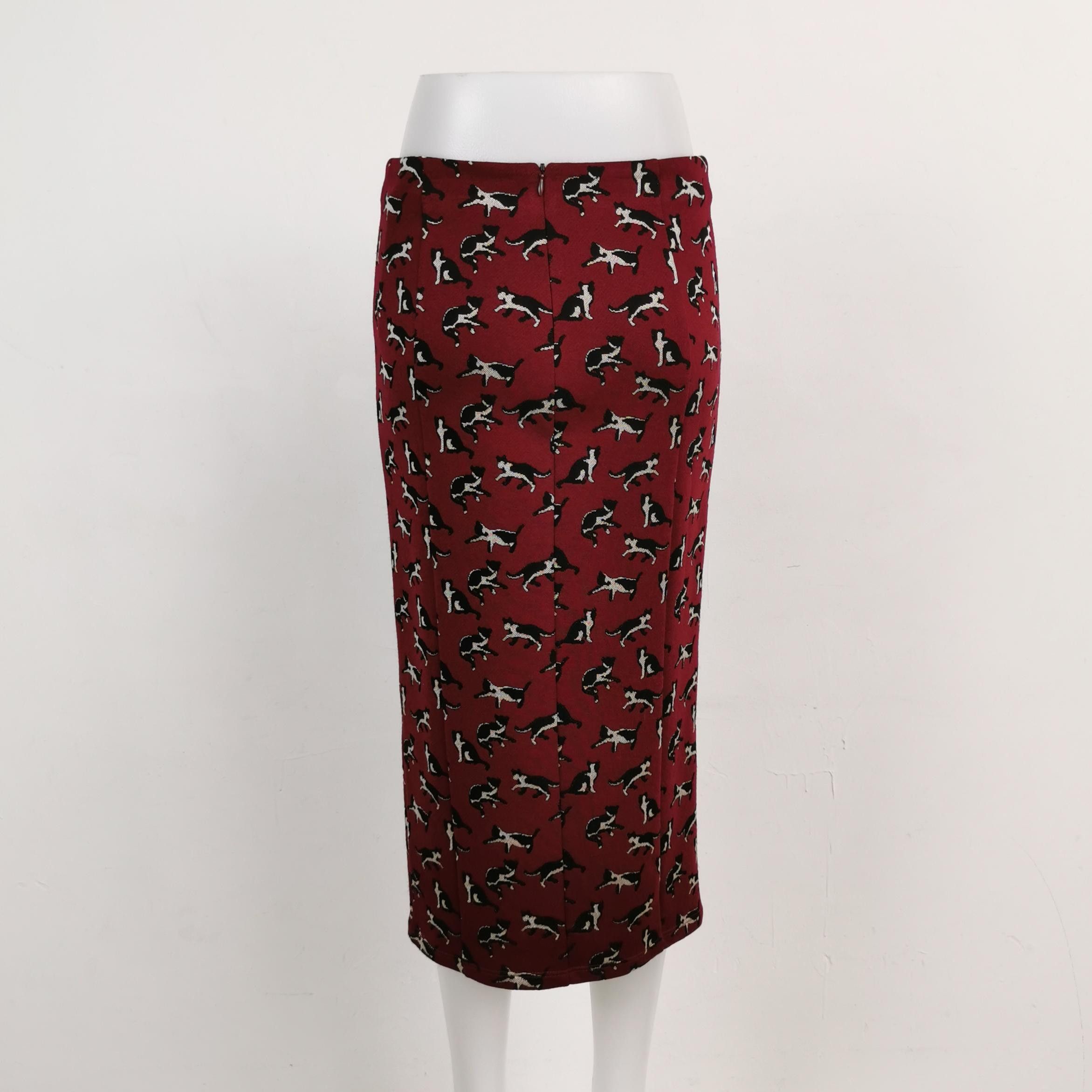 Japanese Brand Red Cat Print Wool Blend Knee-Length Skirt Size 26" / US 2 / IT 38 - 3 Thumbnail