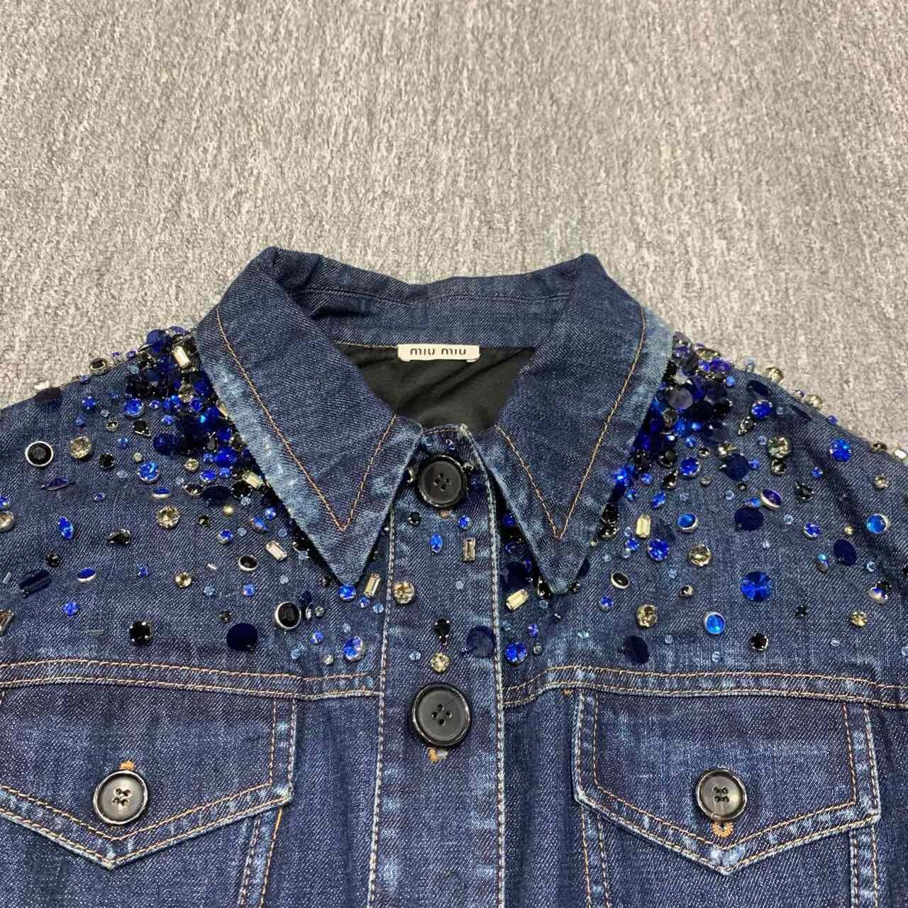 Miu Miu MiuMiu Blue Rhinestone Denim Cropped Jacket Size M / US 6-8 / IT 42-44 - 9 Thumbnail
