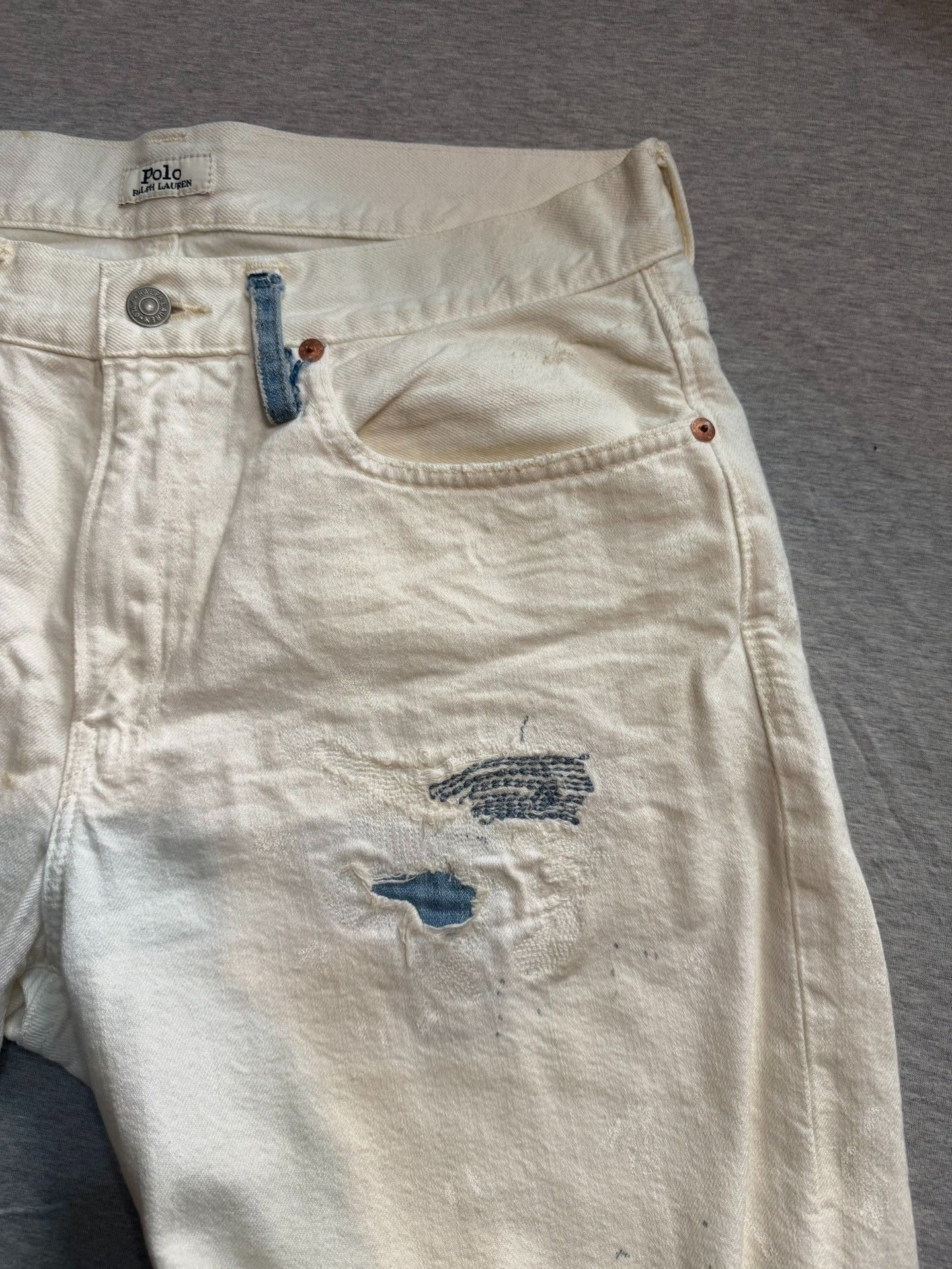 Polo Ralph Lauren Polo Washed Indigo Patch Distressed White Denim Shorts Size US 32 / EU 48 - 4 Thumbnail