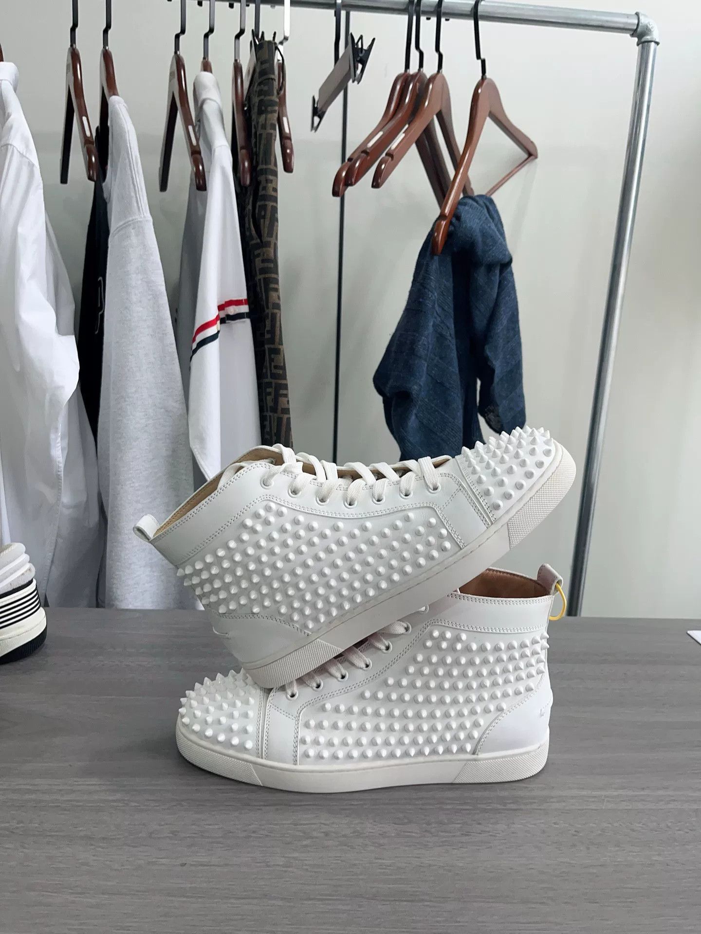 Christian Louboutin Christian Louboutin White High-Top Spiked Sneakers Size US 10 / EU 43 - 4 Thumbnail