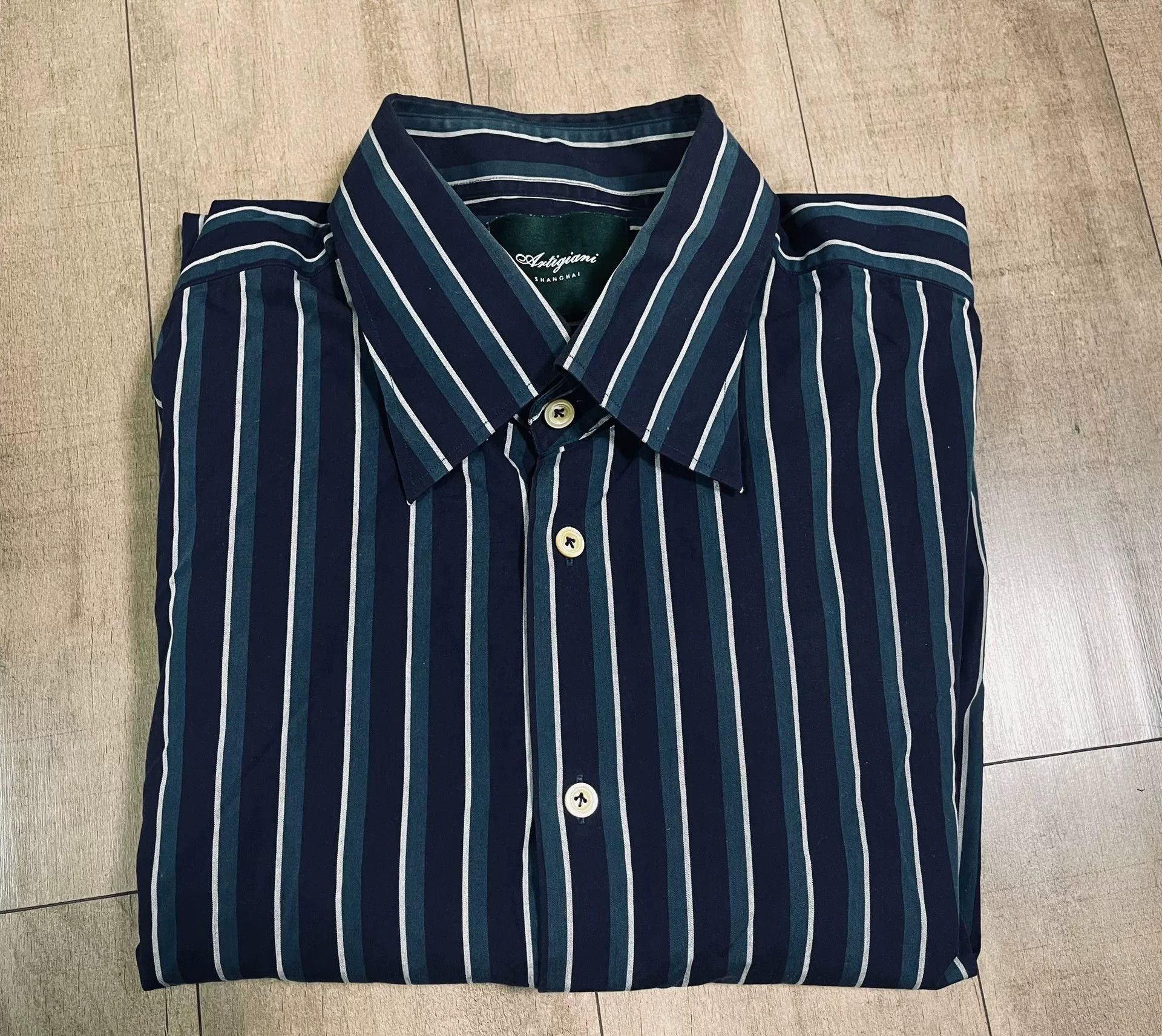 Vintage Navy Green Stripe Shirt The Refinery TR Size US M / EU 48-50 / 2 - 3 Thumbnail